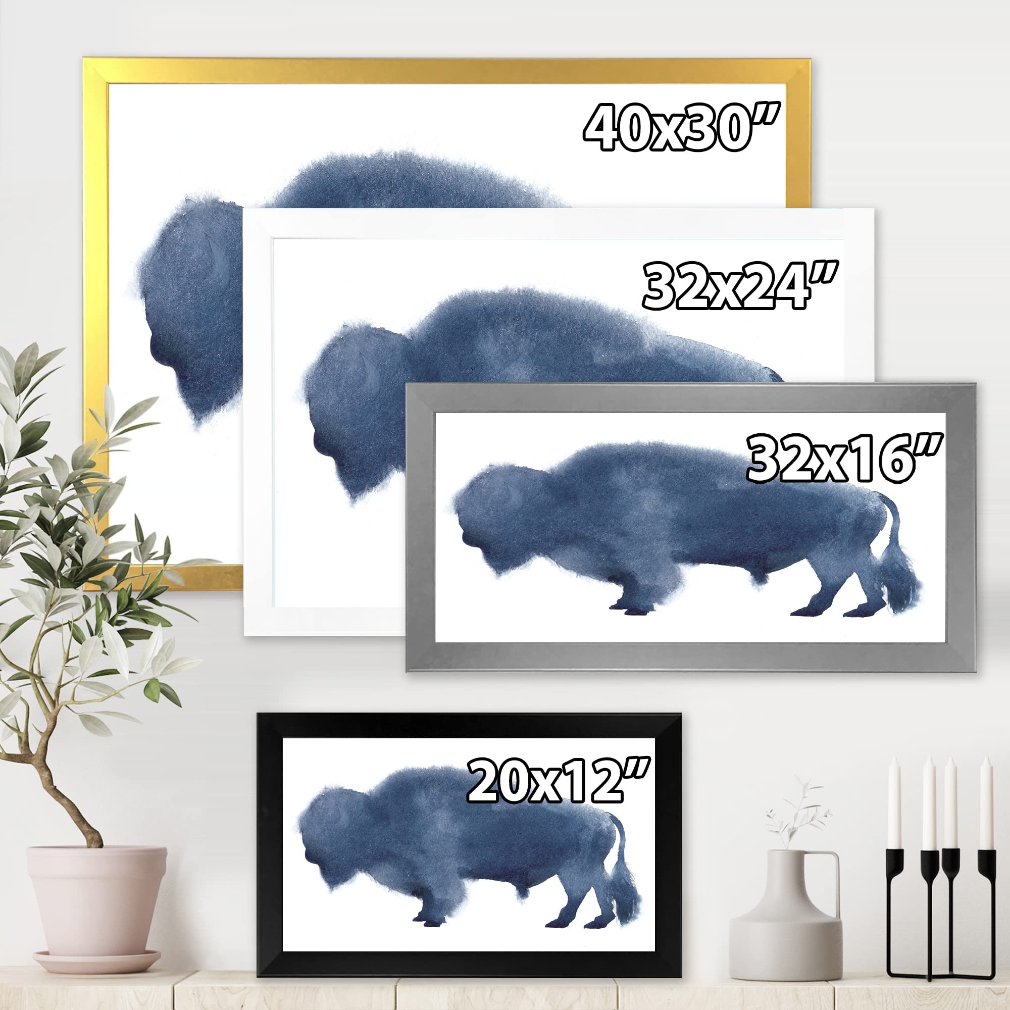 DesignQ Navy Blue Bison Silhouette Framed Wall Art - Rustic Farmhouse Decor for Living Room, Bedroom & Office