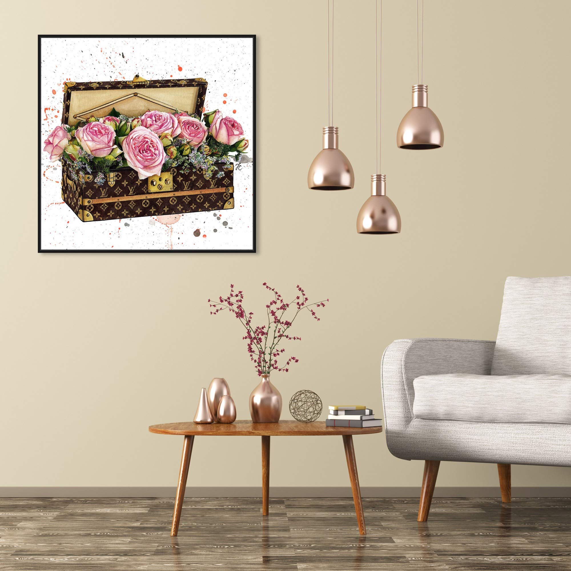 Oliver Gal Artist Co. 'Doll Memories - Trunk Full of Flowers' Fashion Glam Wall Art Canvas Print - 30x30 Inch Pink & Brown Home Decor for Living Room, Bedroom, or Office