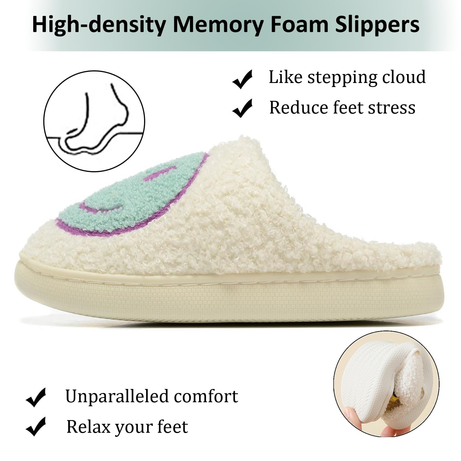**Memory Foam House Slippers for Women & Men - Cozy Fuzzy Plush Indoor/Outdoor Slip-On Shoes with Retro Happy Face Design - Perfect for Home, Lounge & Casual Wear**