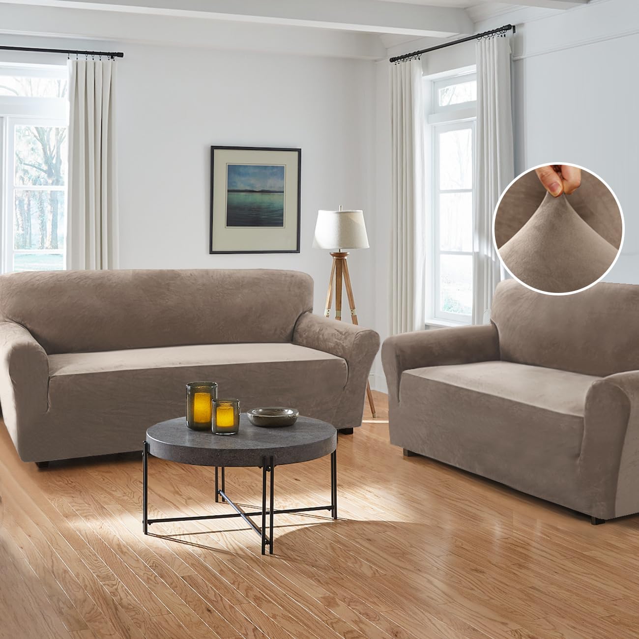H.VERSAILTEX Stretch Velvet Couch Cover 2-Piece Set - Sofa Slipcover & Loveseat Cover, Soft Thick Velour Fabric, Taupe Color | Perfect for Living Room Furniture Protection & Style Upgrade