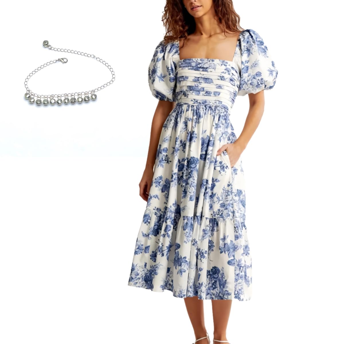 Hive Babe Women's Summer Floral Puff Sleeve Midi Dress - Casual Flowy Ruffle Maxi Dress for Beach, Vacation & Outdoor Parties