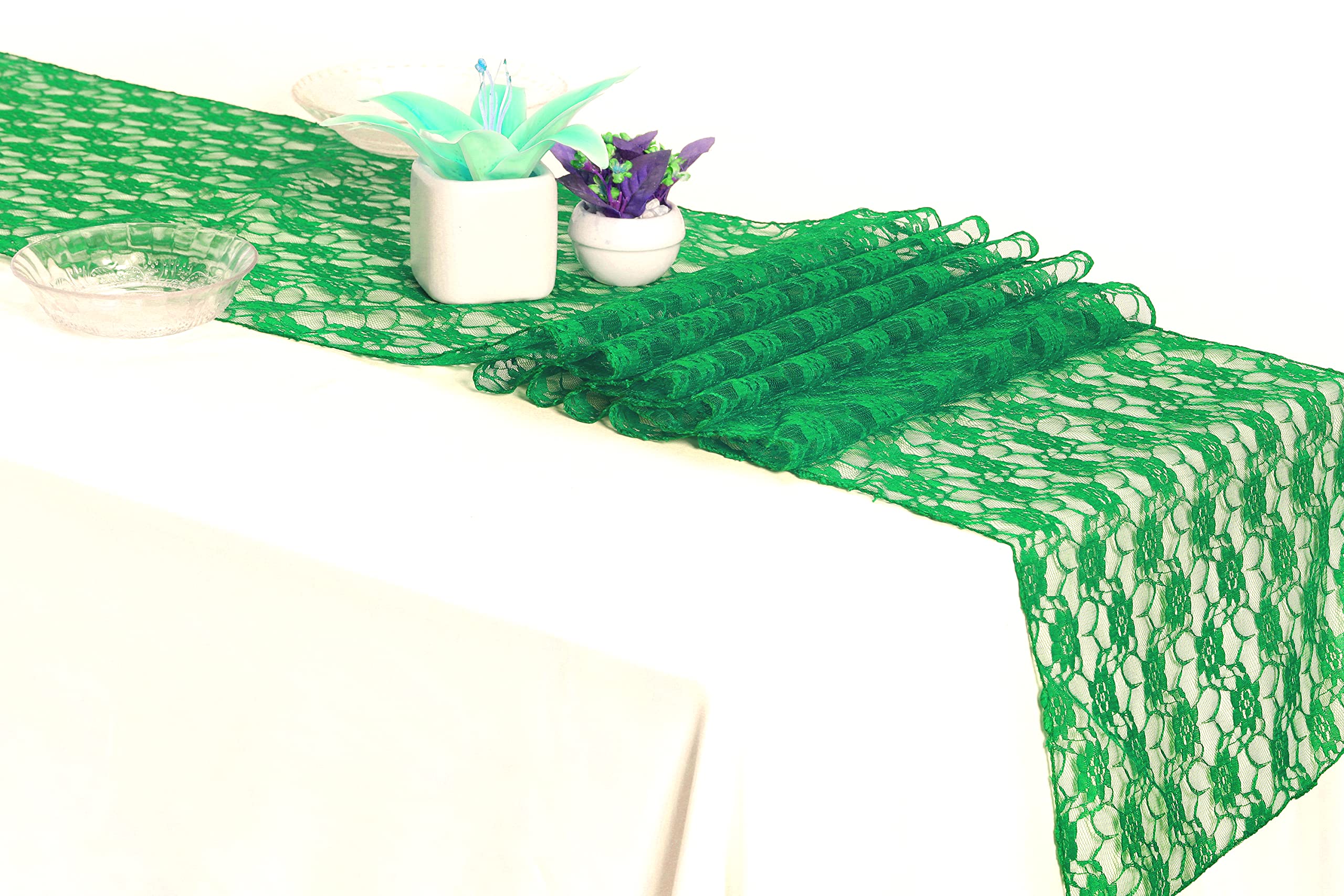 10 Pack 12x108 Inch Green Lace Table Runners for Weddings, Banquets, Parties - Elegant Decor for Birthday, Graduation, Engagement & Anniversary Celebrations - Fits Rectangle & Round Tables - Perfect for Home, Restaurant & Event Venue Decorations