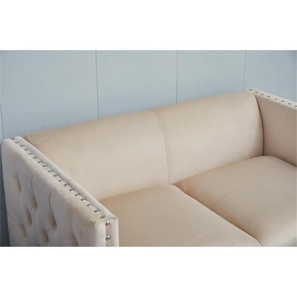 Luxury Avin Velvet Nail Head Loveseat Sofa - Beige Upholstered Living Room Furniture for Small Spaces | Perfect for Apartments, Condos & Cozy Home Decor