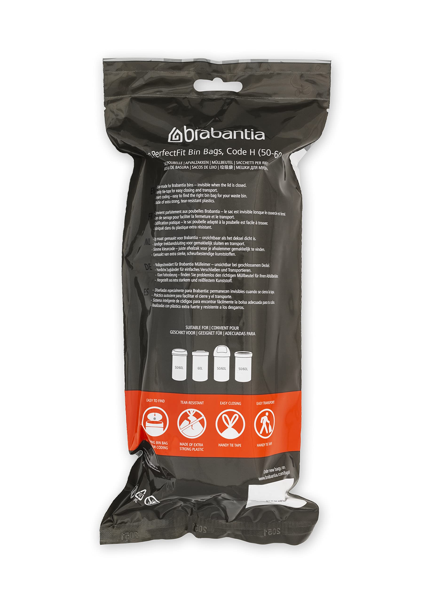 Brabantia PerfectFit Drawstring Trash Bags - 13.2-16 Gallon Heavy Duty Kitchen Garbage Bags (120 Count) - Leakproof & Odor Control for Home, Office & Outdoor Use