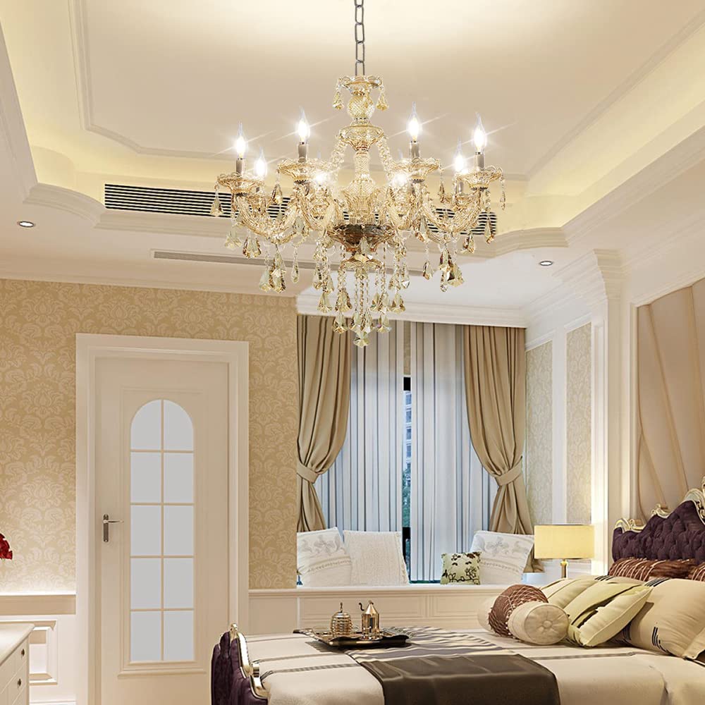 Modern Elegant K9 Crystal Chandelier - 8-Light Cognac Ceiling Pendant Fixture with E12 Candle Style Base for Living Room, Bedroom & Hallway | Luxury Lighting for Dining Room, Foyer & Wedding Decor