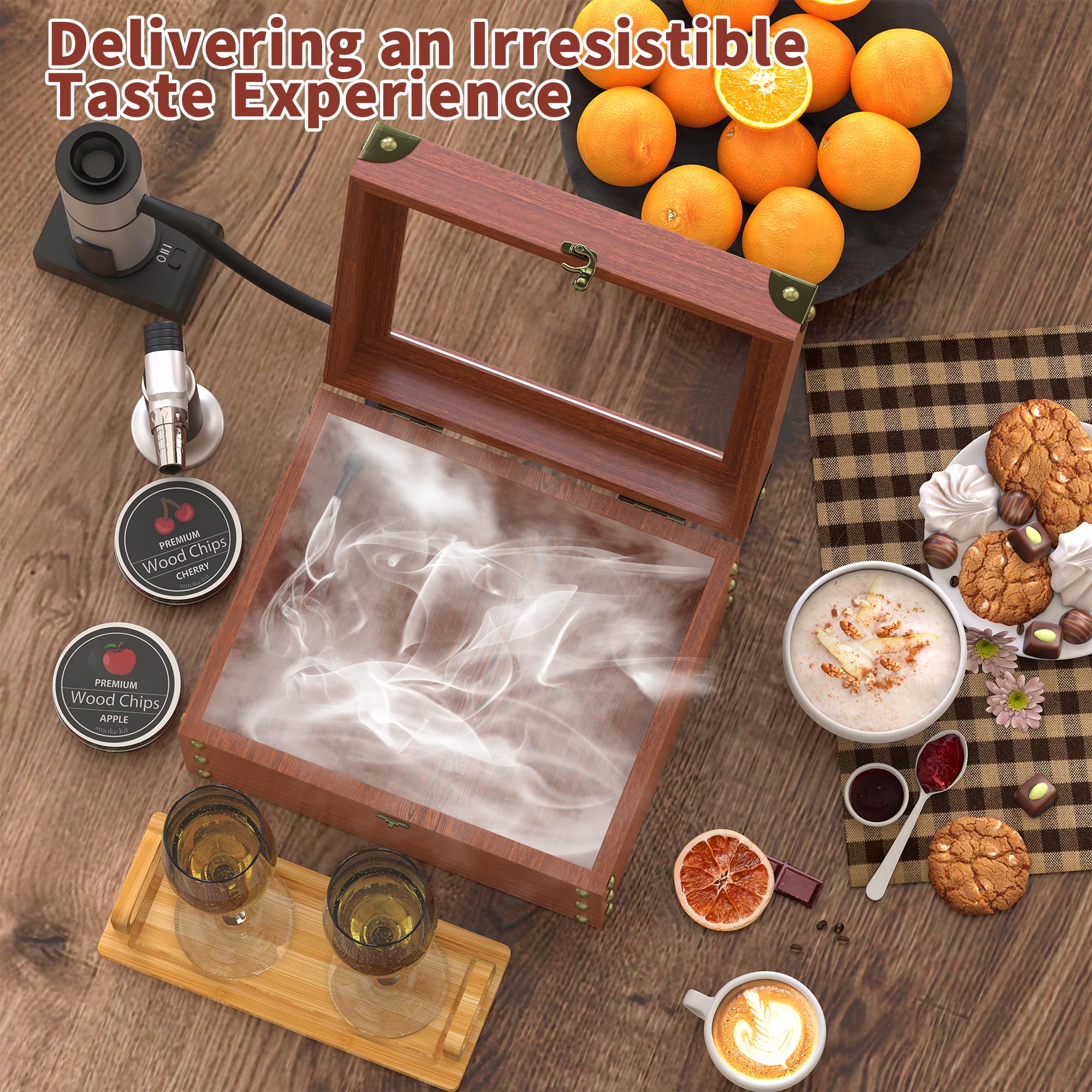Premium Cocktail Smoker Kit with Torch, Food Tray & Wood Chips (Apple & Cherry) - Whiskey & Bourbon Infuser Set for Old Fashioned Drinks - Perfect Gift for Men - Ideal for Home Bars, Parties & Cocktail Enthusiasts (No Butane or Cup Included)