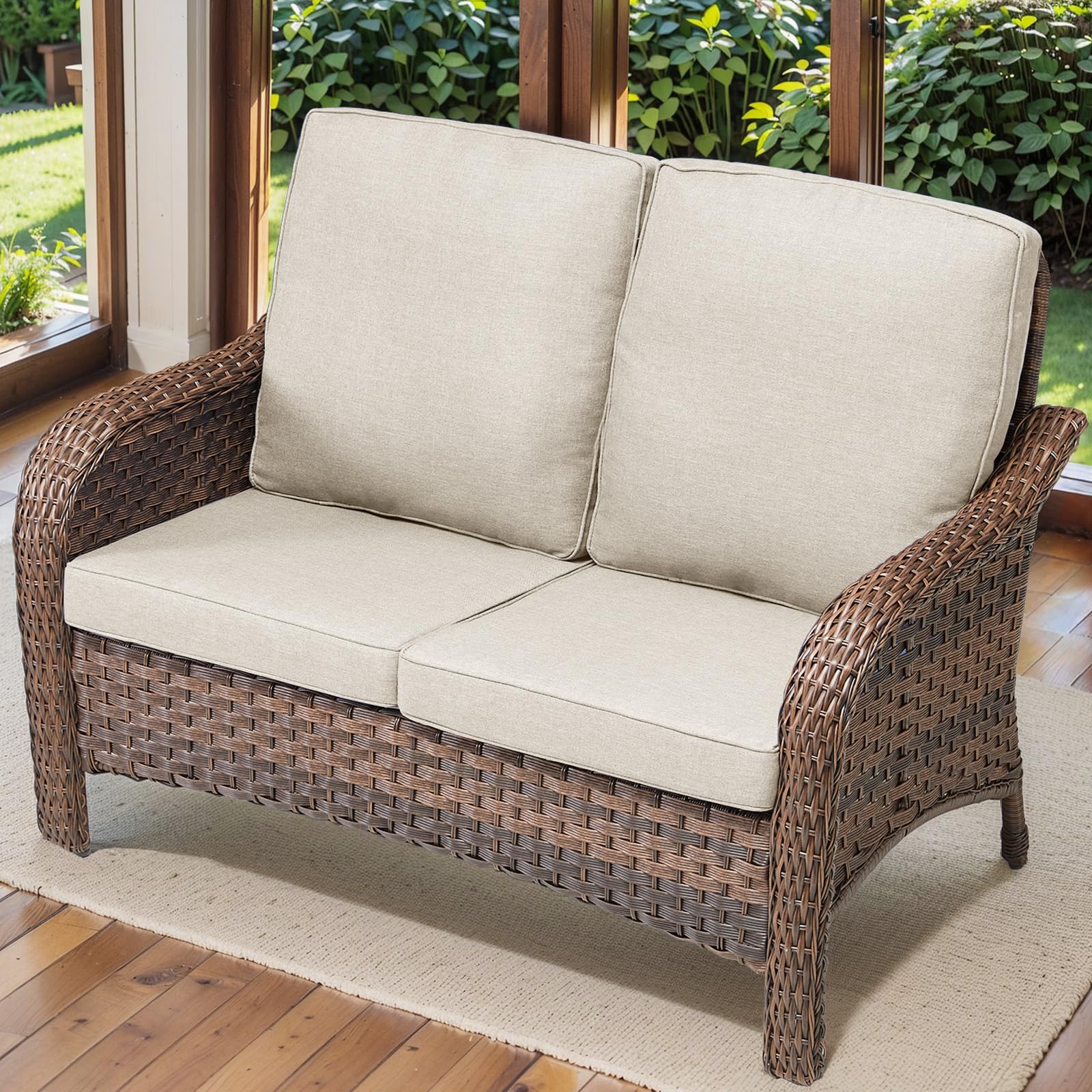 Outdoor Wicker Loveseat Sofa with Cushions - 2-Seater Rattan Patio Furniture for Sun Porch, Deck & Backyard - Comfortable Beige Cushioned Seating for Relaxing Outdoors