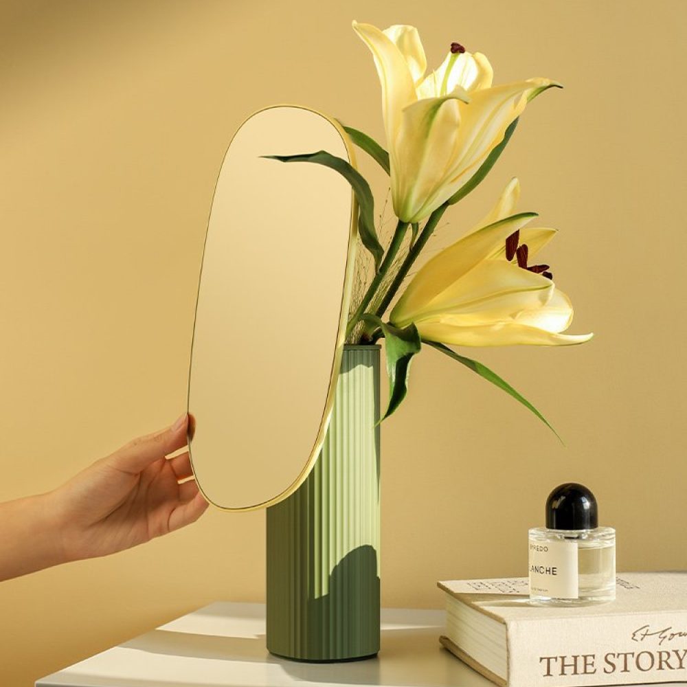 OSC Vase Makeup Mirror with LED Lights - Yellow Green Vanity Mirror for Makeup Application, Skincare & Dressing Table - Perfect for Bedroom, Bathroom & Salon Use