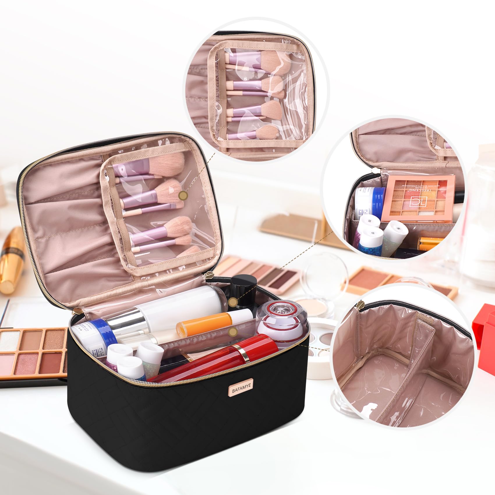 5L Large Capacity Travel Makeup Bag for Women - Portable Cosmetic Organizer with Dividers, Waterproof Toiletry Case (Black, 1.34 GAL) - Perfect for Air Travel, Gym, Camping & Weekend Getaways