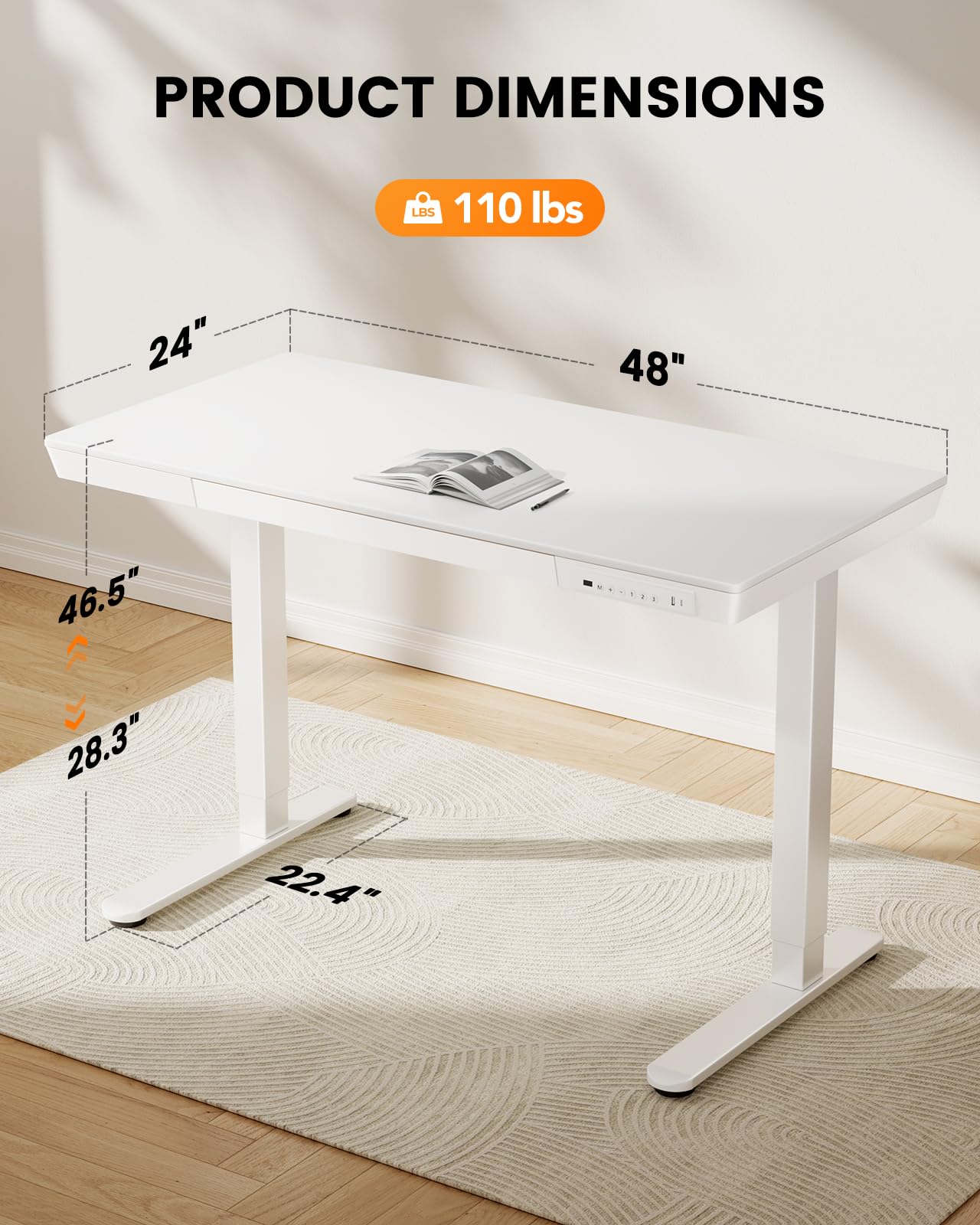 ErGear 48 x 24 Inch Electric Standing Desk with Drawers & USB Ports - Adjustable Height Wooden Computer Desk for Home Office (White) | Perfect for Remote Work, Gaming Setup & Study Space