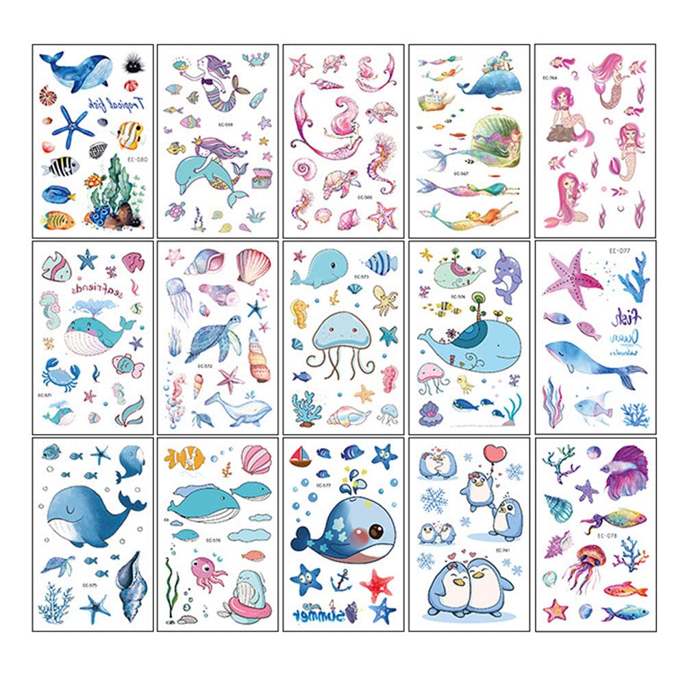 15 Sheets Sea Life Temporary Tattoos for Kids - Waterproof Cartoon Animal Tattoo Stickers for Birthday Parties, Beach Vacations & Summer Festivals - Perfect Party Favors & Gift Bag Fillers