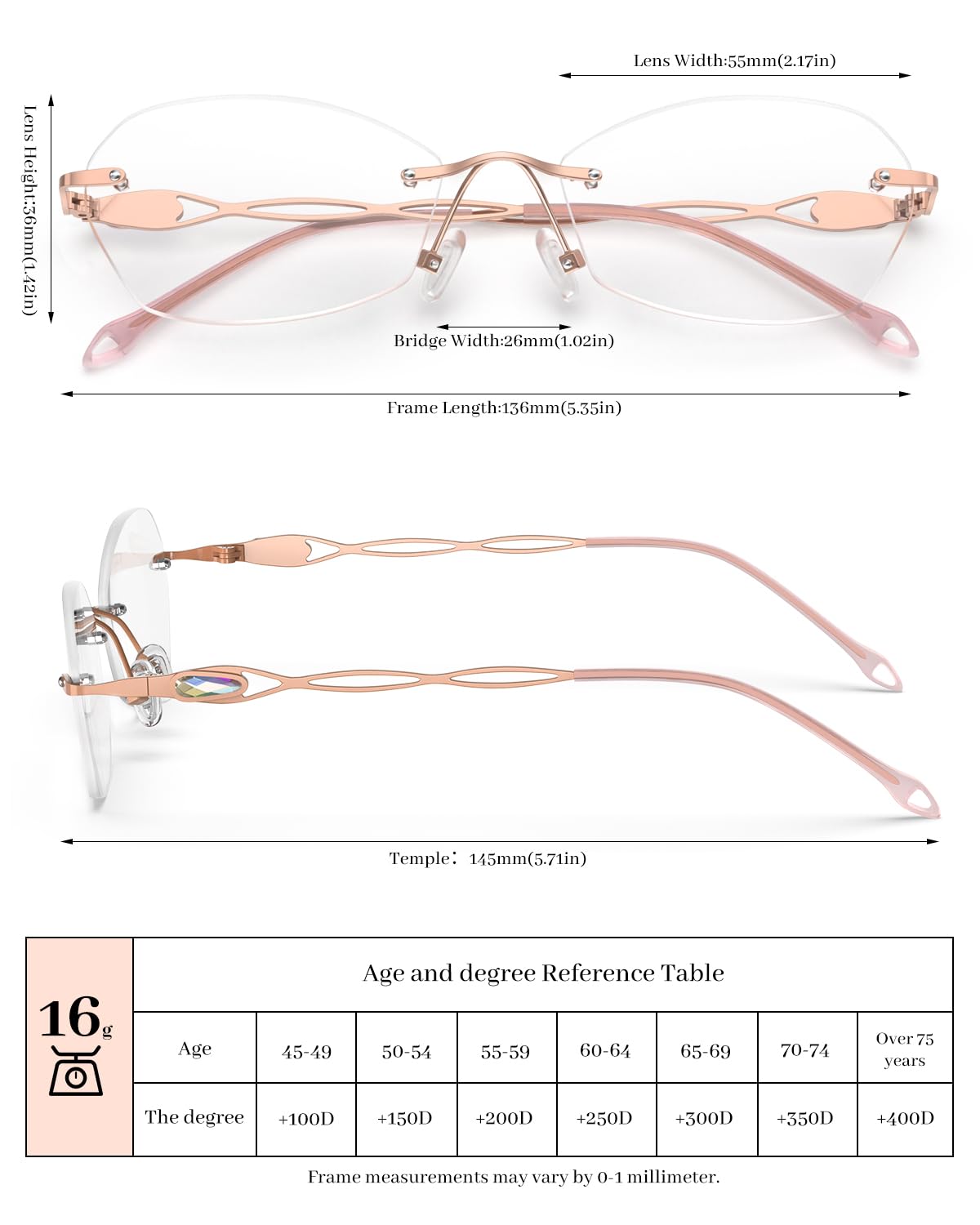 Blue Light Blocking Rimless Reading Glasses for Women - Lightweight Metal Computer Glasses Anti Eyestrain - Perfect for Office Work, Screen Time & Reading Books