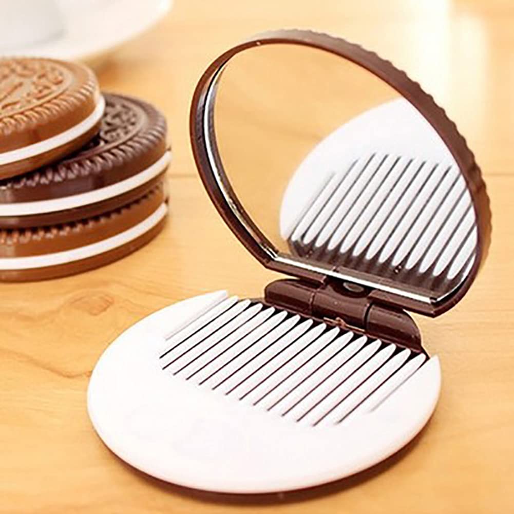 AKOAK Cute Cookie Shaped Makeup Mirror with Comb - Portable Chocolate Vanity Mirror Set of 2 - Perfect for Travel, Home Dressing Table & Gift Giving
