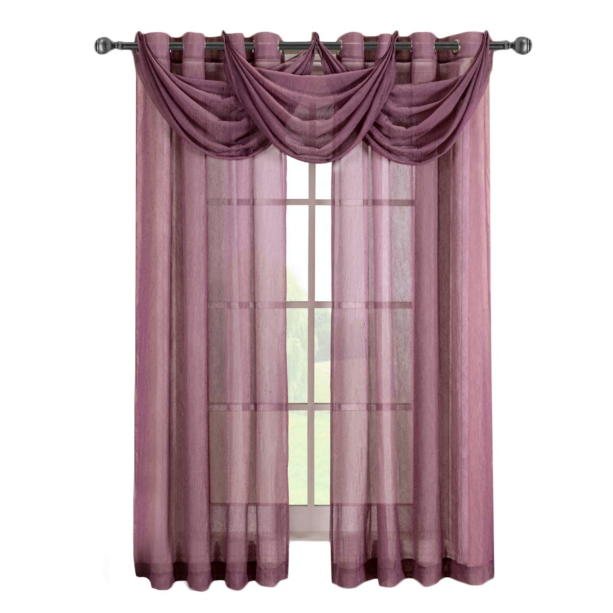 Royal Hotel Bedding Abri Eggplant Grommet Crushed Sheer Curtain Panel - 1 Panel, 50x63 Inches - Elegant Window Treatment for Living Room, Bedroom & Hotel Decor