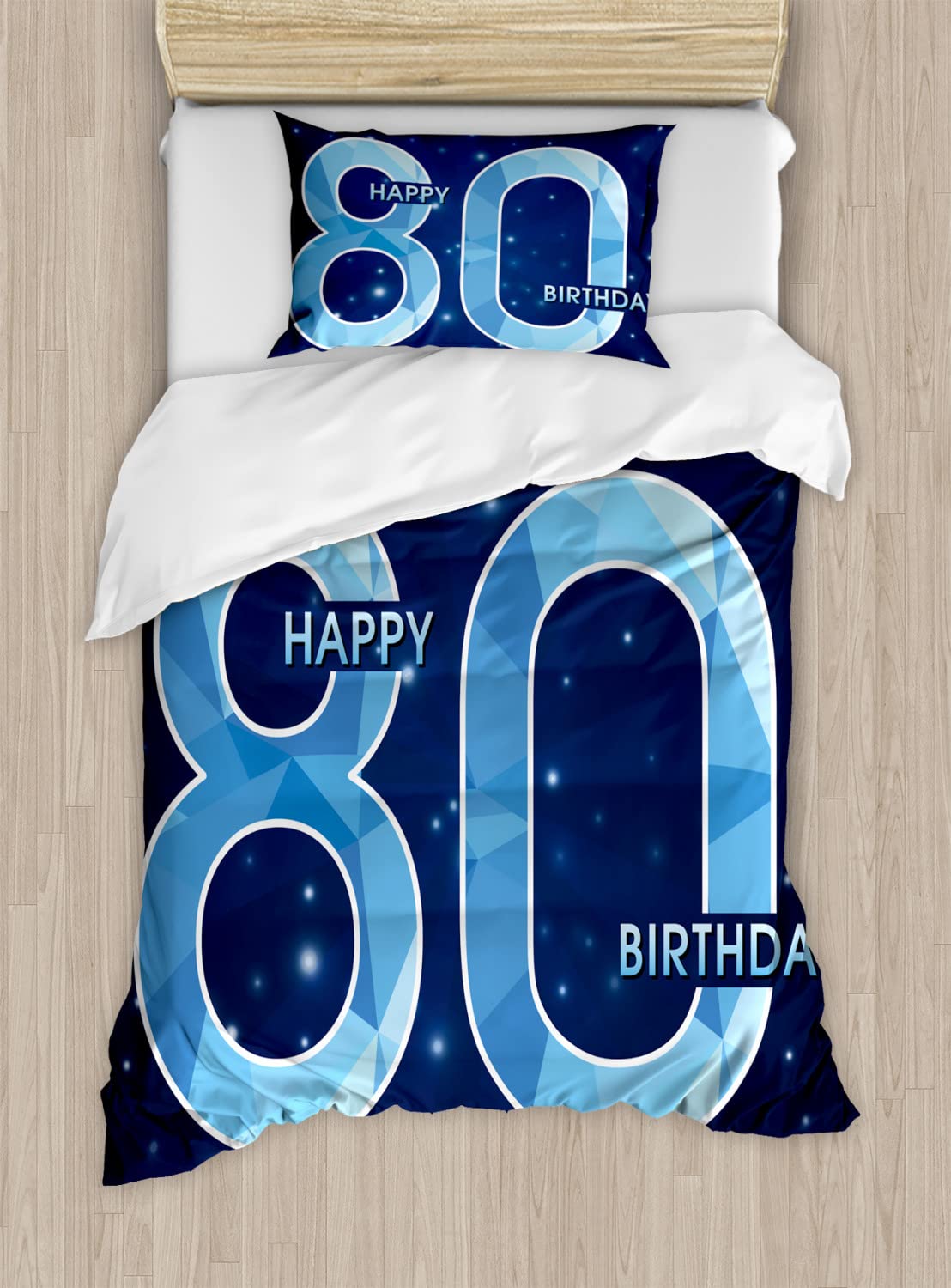 Ambesonne 80th Birthday Duvet Cover Set - Diamond Age 80 Years Old Celebration Bedding with Stars - 2 Pack California King Size in Navy Blue & Sky Blue - Perfect for Birthday Party Decorations & Guest Room Bedding