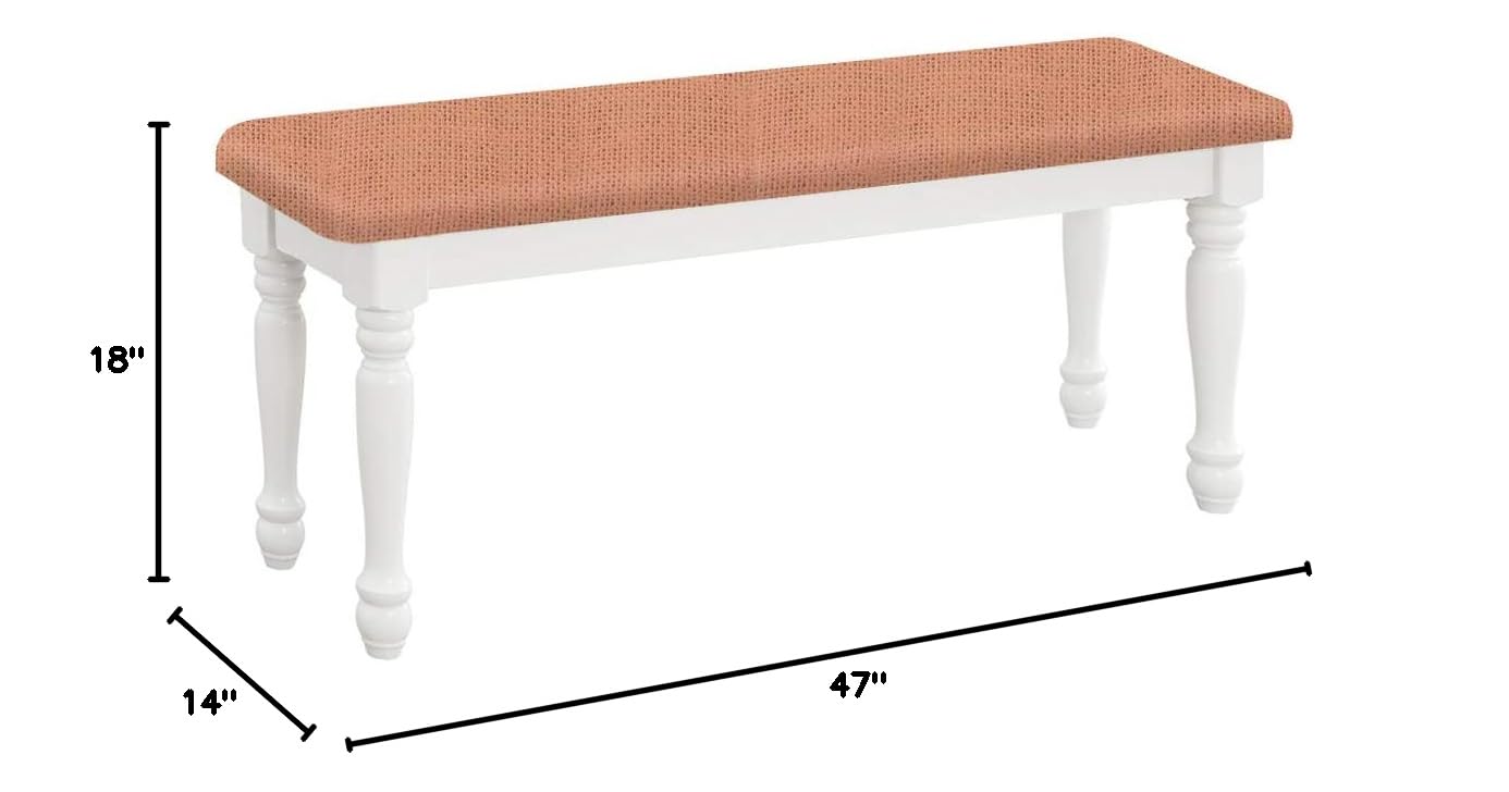 Farmhouse Style Traditional Wood Dining Bench with White Legs & Pink Burlap Padded Seat Cushion - Rustic Kitchen Table Bench for Dining Room, Breakfast Nook, and Farmhouse Decor