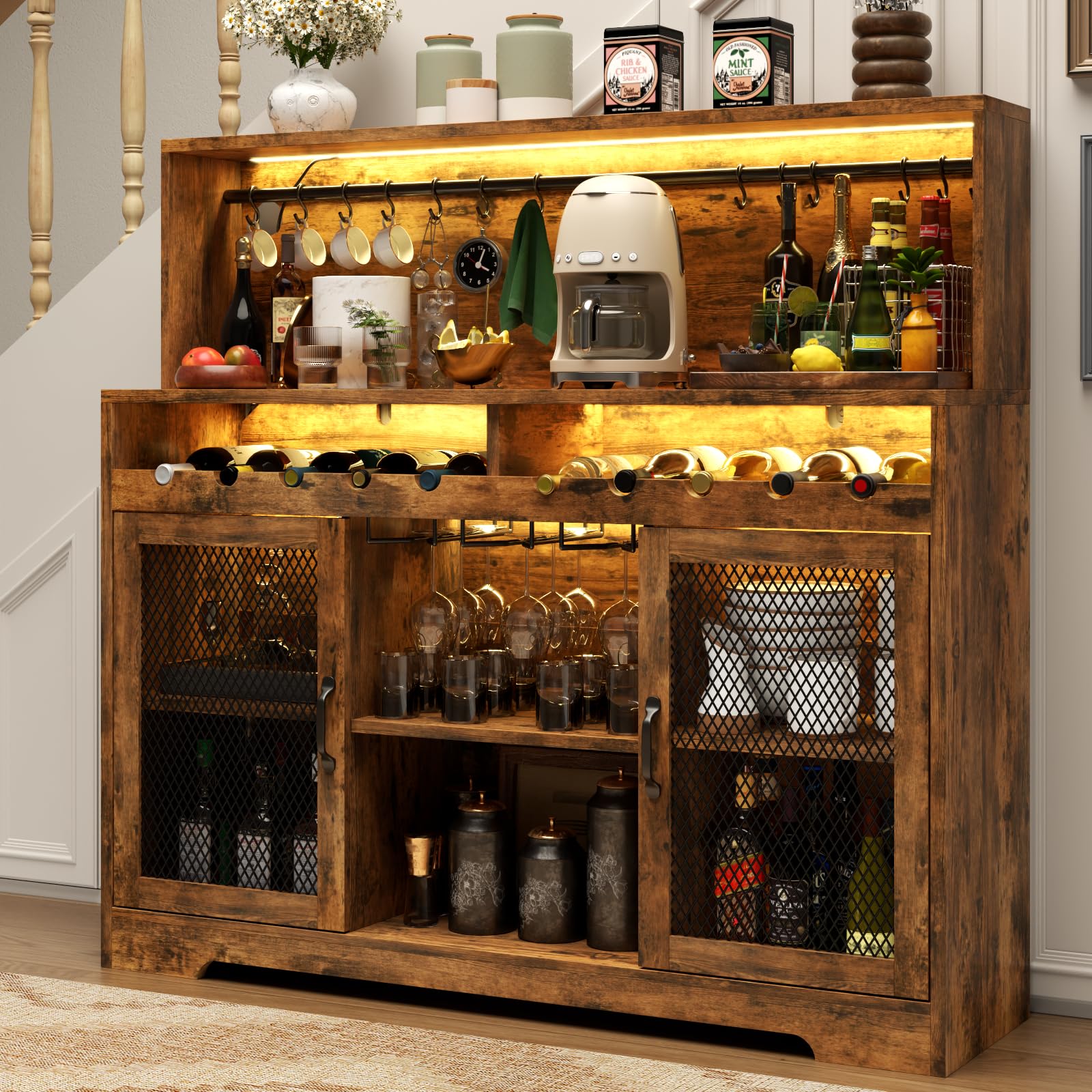 Rustic Wine Bar Cabinet with LED Lights & Glass Holder - Coffee & Liquor Storage Buffet Cabinet with Wine Racks & Mesh Door - Perfect for Home Bars, Dining Rooms & Entertaining Spaces
