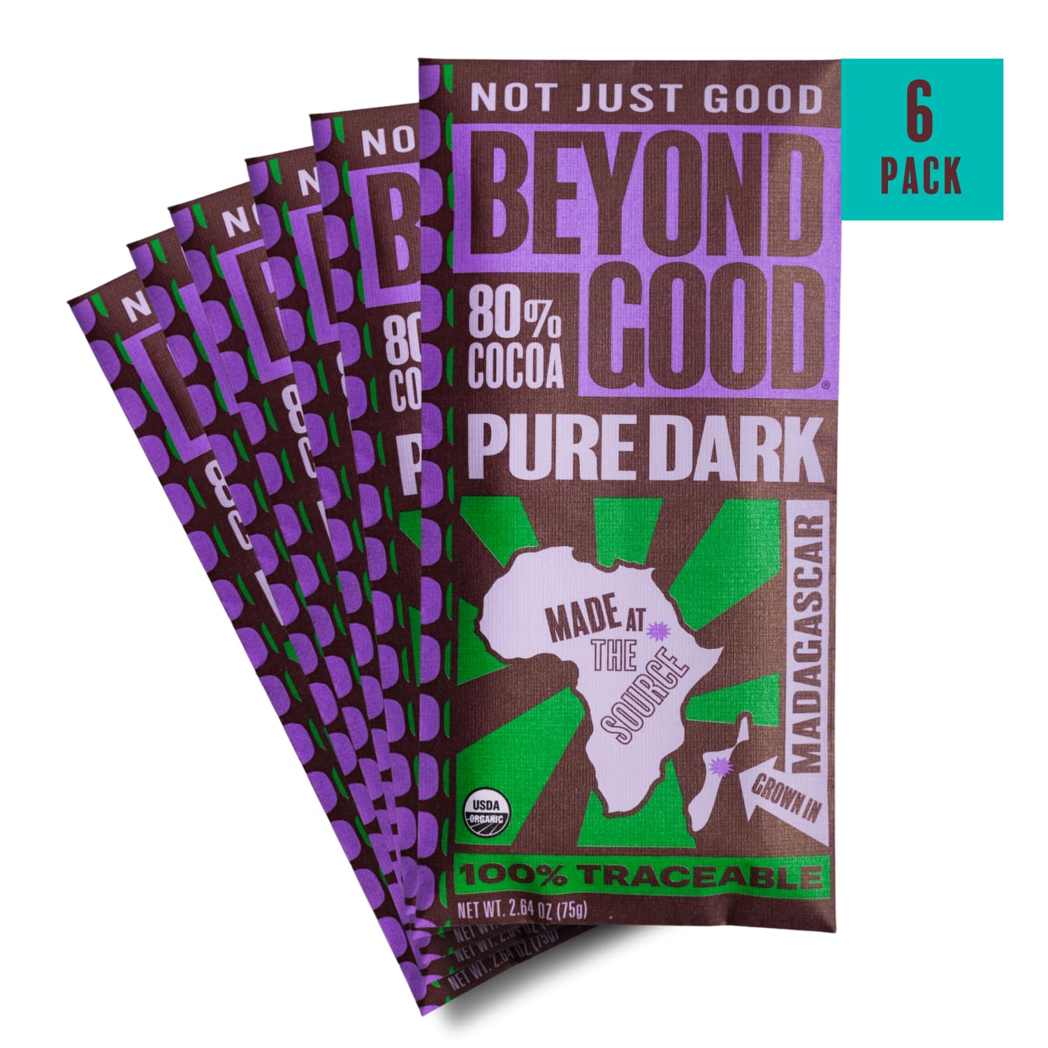 Beyond Good Organic Dark Chocolate Bars 6-Pack | 80% Single Origin Madagascar Heirloom Cacao | Vegan, Kosher, Non-GMO, Direct Trade | Perfect for Gifts, Baking & Healthy Snacking