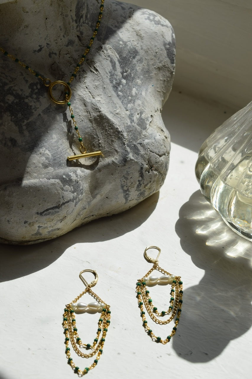 Exquisite Penelope Malachite and Pearl Chandelier Earrings | Elegant Dangle Drop Jewelry for Women | Perfect for Weddings, Parties & Special Occasions
