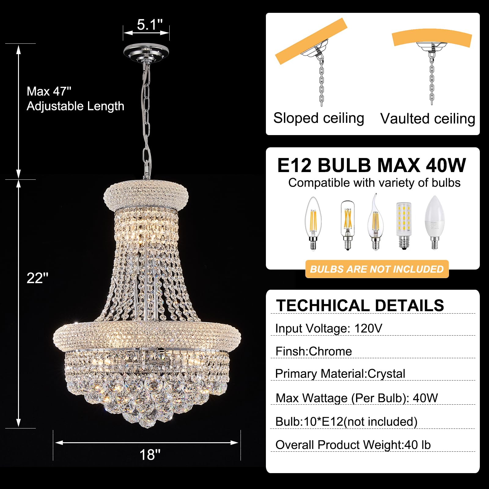 10-Light Empire Crystal Chandelier - Elegant Chrome Finish for Dining Room, Foyer, Entryway, Living Room & Bedroom | Perfect for Weddings, Luxury Homes & Formal Events