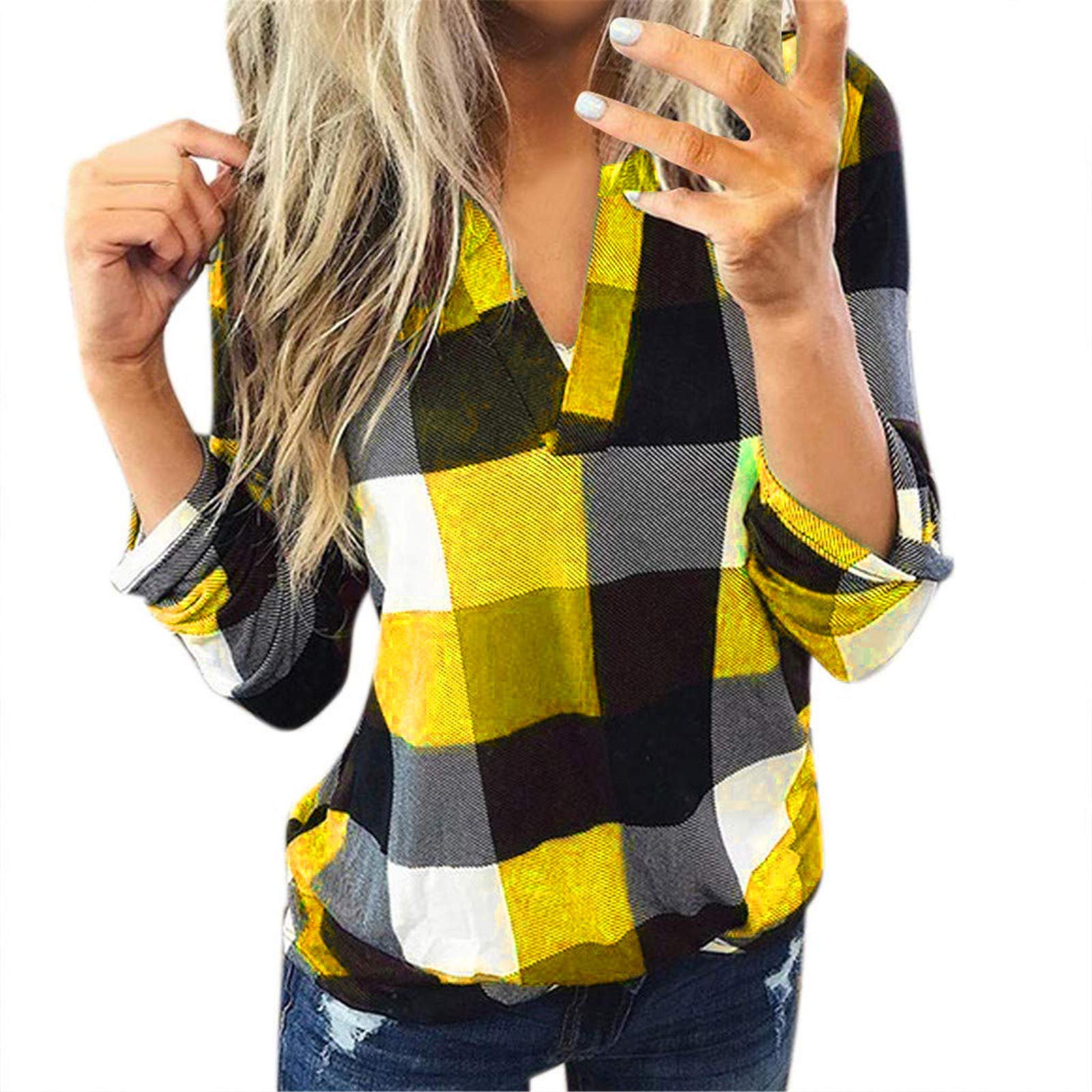 Women's Long Sleeve Plaid Shirt - Casual Cotton Button Down Top with V-Neck for Fall & Winter | Perfect for Office, Dating, and Everyday Wear