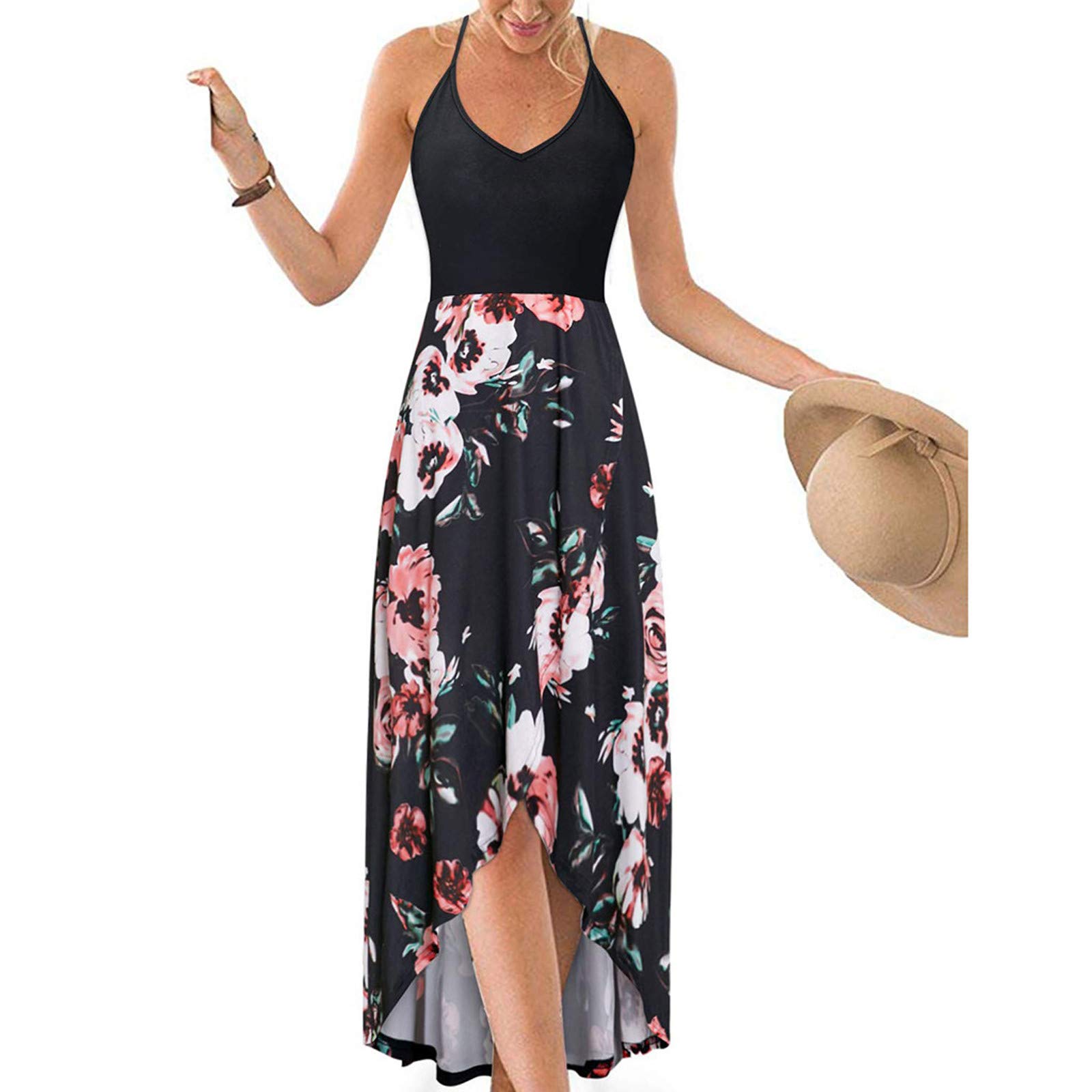 BISXOTY Women's Floral Print Spaghetti Strap Slip Dress - Sexy V-Neck Backless High-Low Wedding Guest Dress | Perfect for Summer Weddings, Cocktail Parties & Date Nights