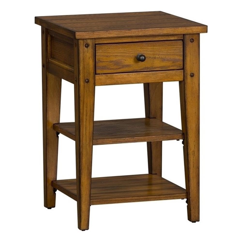 Pemberly Row Farmhouse Wood and Brass Side Table - Golden Oak Finish - Perfect for Living Room, Bedroom, or Office Accent Table