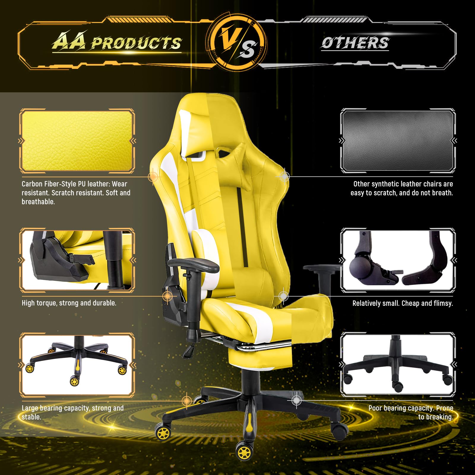 Premium Gaming Chair - High Back Ergonomic Racing Style Computer Chair with Adjustable Lumbar Support, Footrest & 360° Swivel for PC/Console Gamers (Yellow & White) - Perfect for Esports, Streaming & Home Office Workspace