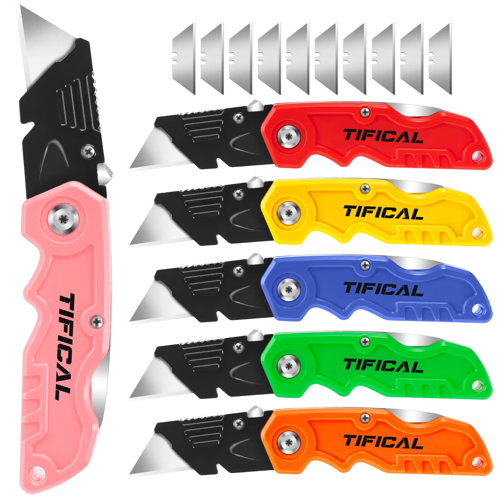 6-Pack Heavy Duty Folding Utility Knife with Quick-Change Blades - Box Cutter for Cardboard, Packages & Shipping - Includes 10 Extra Blades & Metal Clip - Secure Back-Lock Design for Warehouse, Office & Home Use