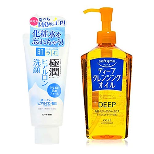 Rohto Hadalabo Gokujun Hyaluronic Acid Face Wash & Kose Softymo Deep Cleansing Oil - Hydrating & Makeup Remover Duo for Glowing Skin | Daily Skincare Routine & Deep Cleansing Solution