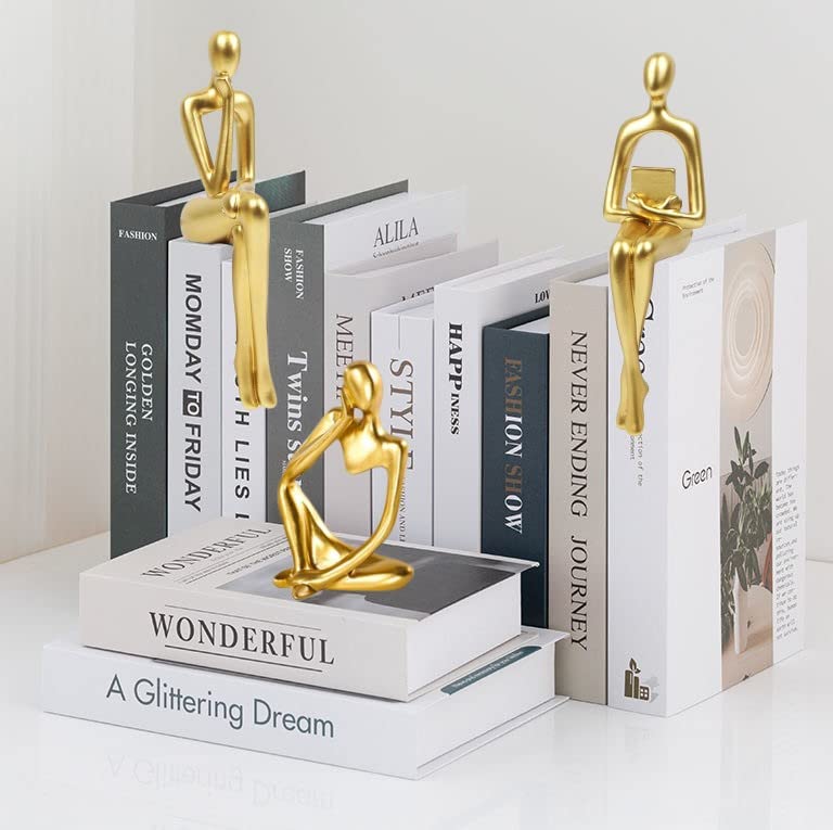 Gold Home Decor Large Thinker Statue Set of 3 - Modern Abstract Resin Sculptures for Office, Shelf, Table & Desk - Perfect for Living Room, Bedroom & Workspace Decor