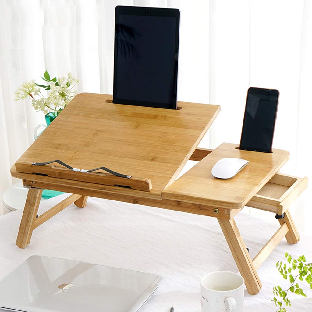 Adjustable Height Bamboo Kids Study Desk with Drawer - Foldable Portable Laptop Table for Children, Small Bamboo Snack & Reading Desk - Perfect for Homeschooling, Bedroom Study & Small Spaces