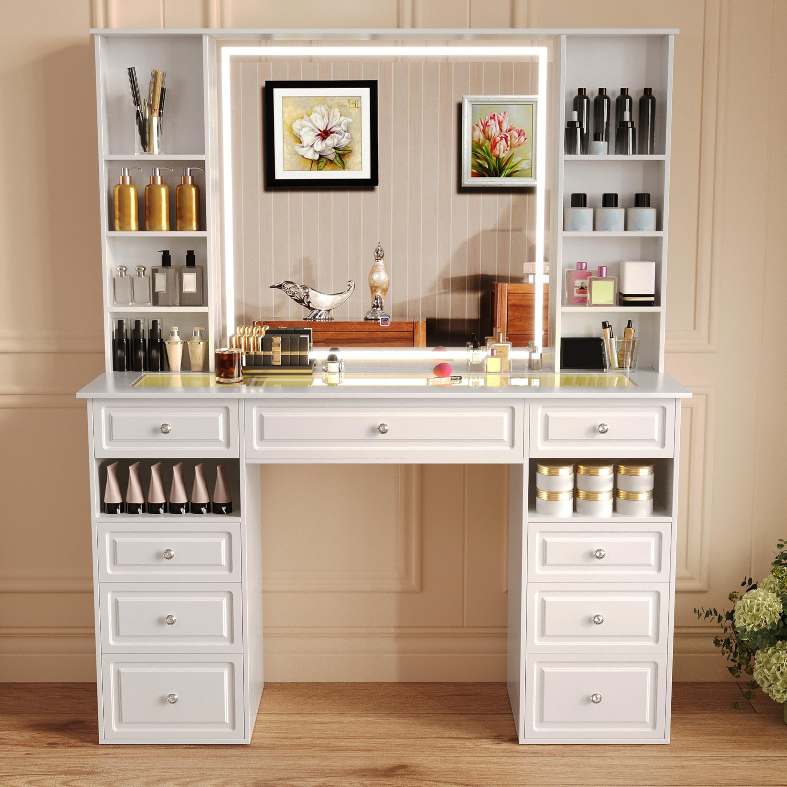 **Vanity Desk with Mirror and Lights - Glass Top Dressing Table with 9 Drawers, European Style Makeup Vanity, Crystal Ball Knobs, White & Glass Top - Perfect for Bedroom, Dressing Room, and Makeup Studio**