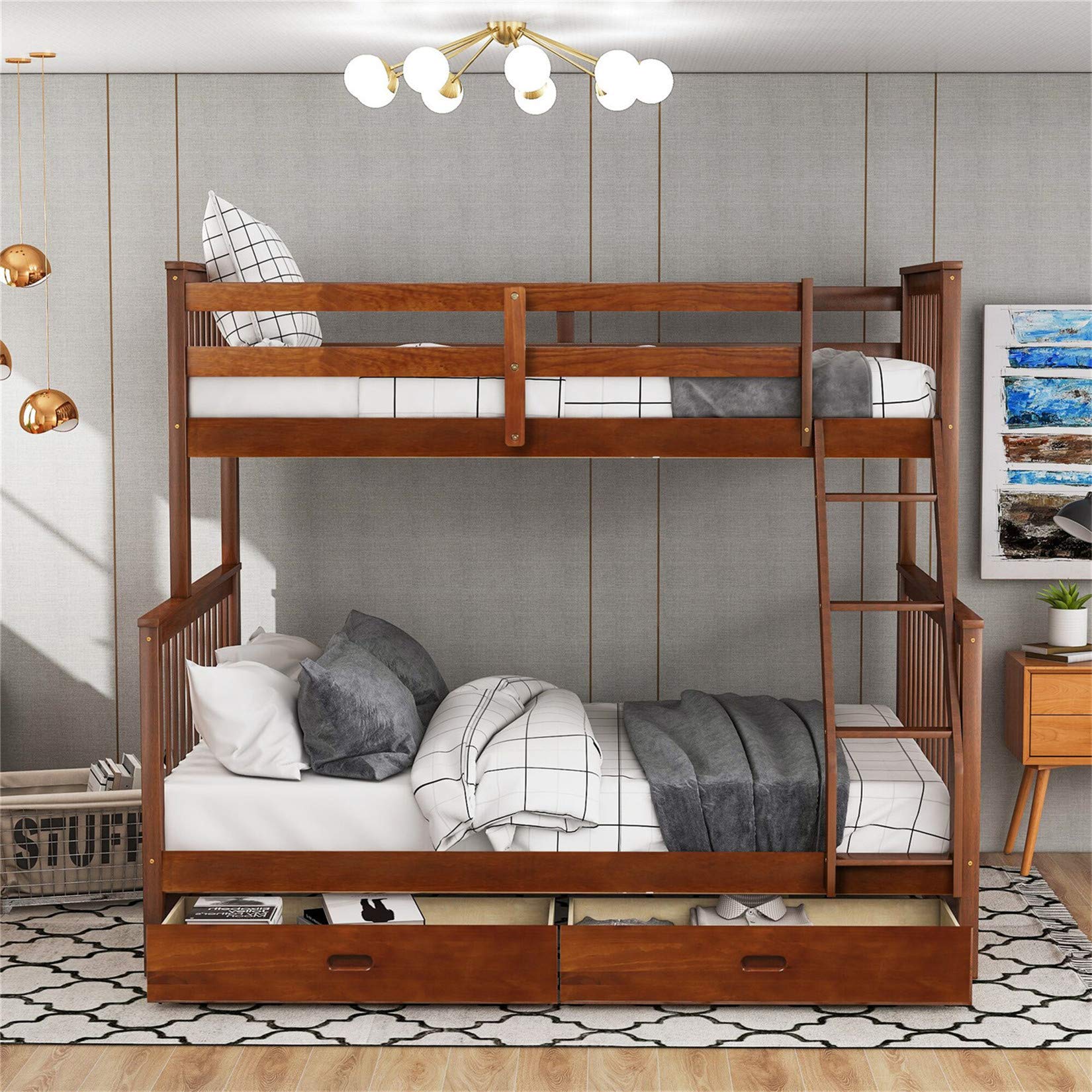 Harper & Bright Designs Twin Over Full Bunk Bed with Storage Drawers - Solid Wood Bunk Bed Frame with Ladder - Space Saving Kids Bedroom Furniture in Walnut Finish - Perfect for Small Rooms, Shared Kids Bedrooms & Guest Rooms