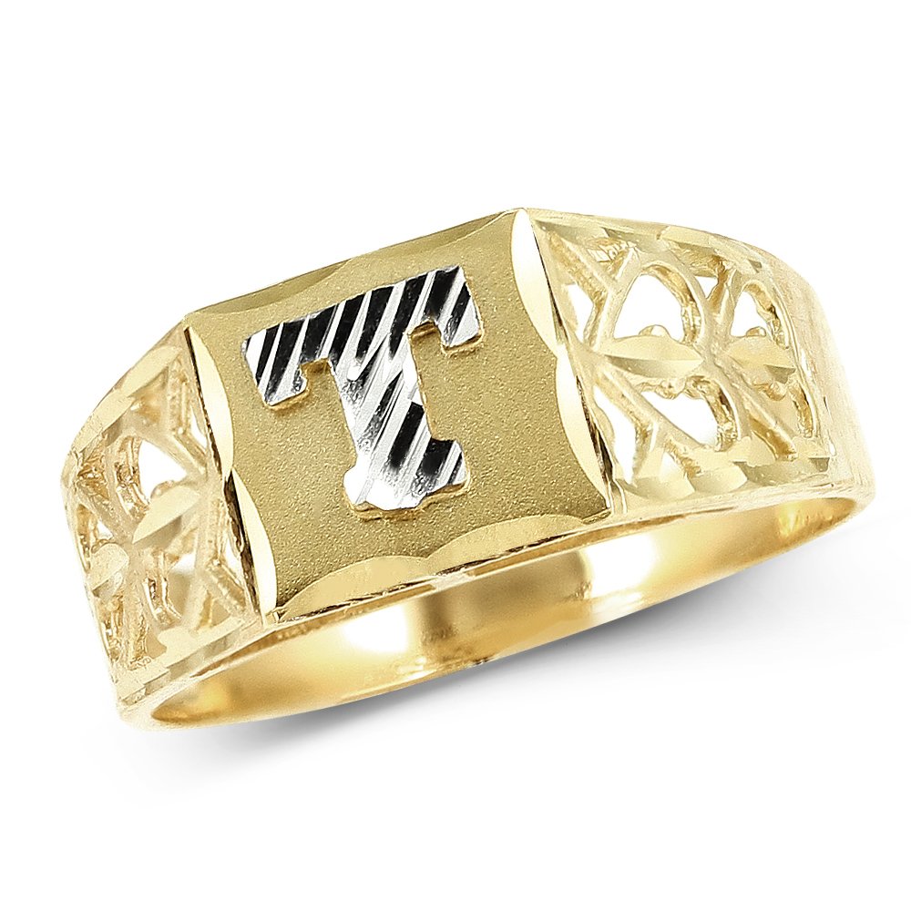 10K Yellow Gold Diamond Cut Alphabet Initial Ring for Women - Personalized Block Letter T - Perfect for Gifts, Birthdays, Anniversaries & Everyday Elegance