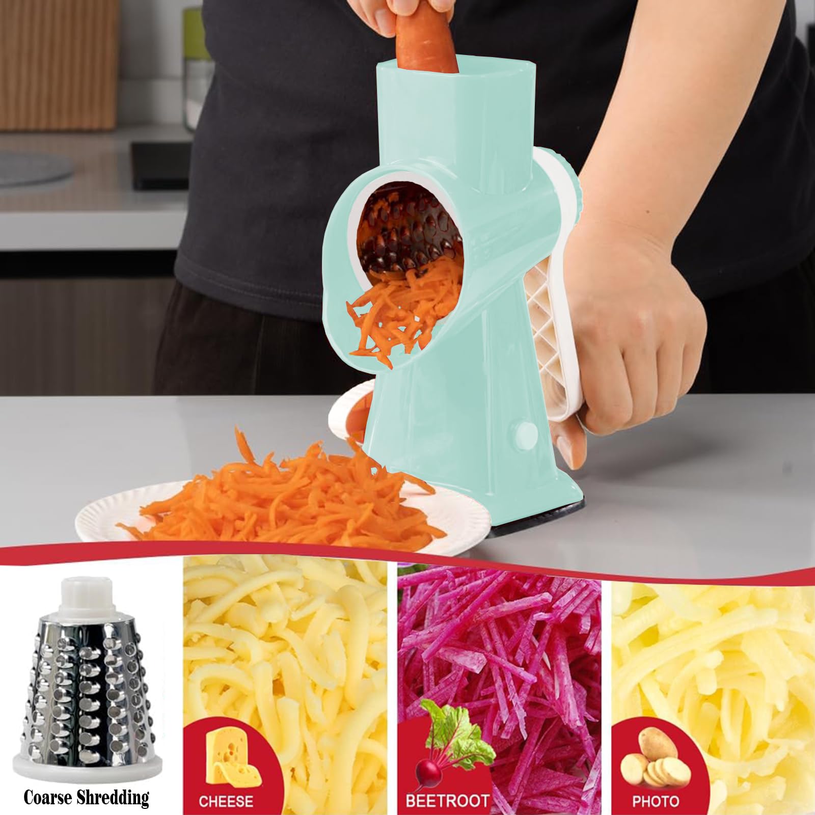 Stainless Steel Rotary Cheese Grater with Handle - Multi-Purpose Kitchen Tool for Effortless Grating Cheese, Vegetables & Fruits | Perfect for Pizza, Salads & Meal Prep (Green)