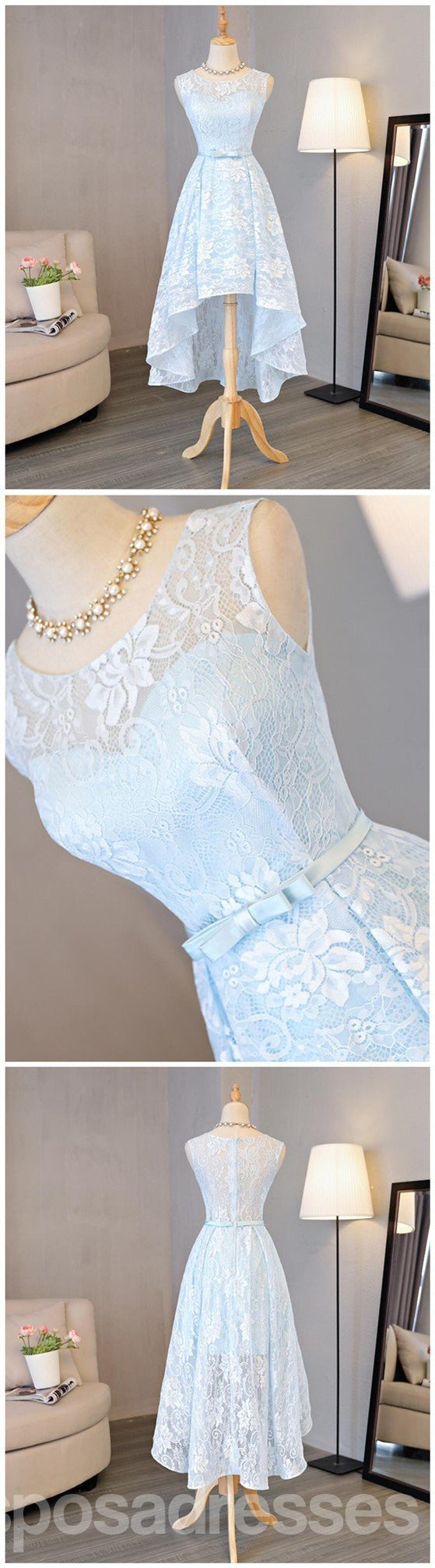 Elegant Blue Lace High-Low Prom Dress for Homecoming, Sweet 16 & Party | Affordable Formal Gown CM327 | Perfect for Prom Night, Quinceañera & Special Occasions