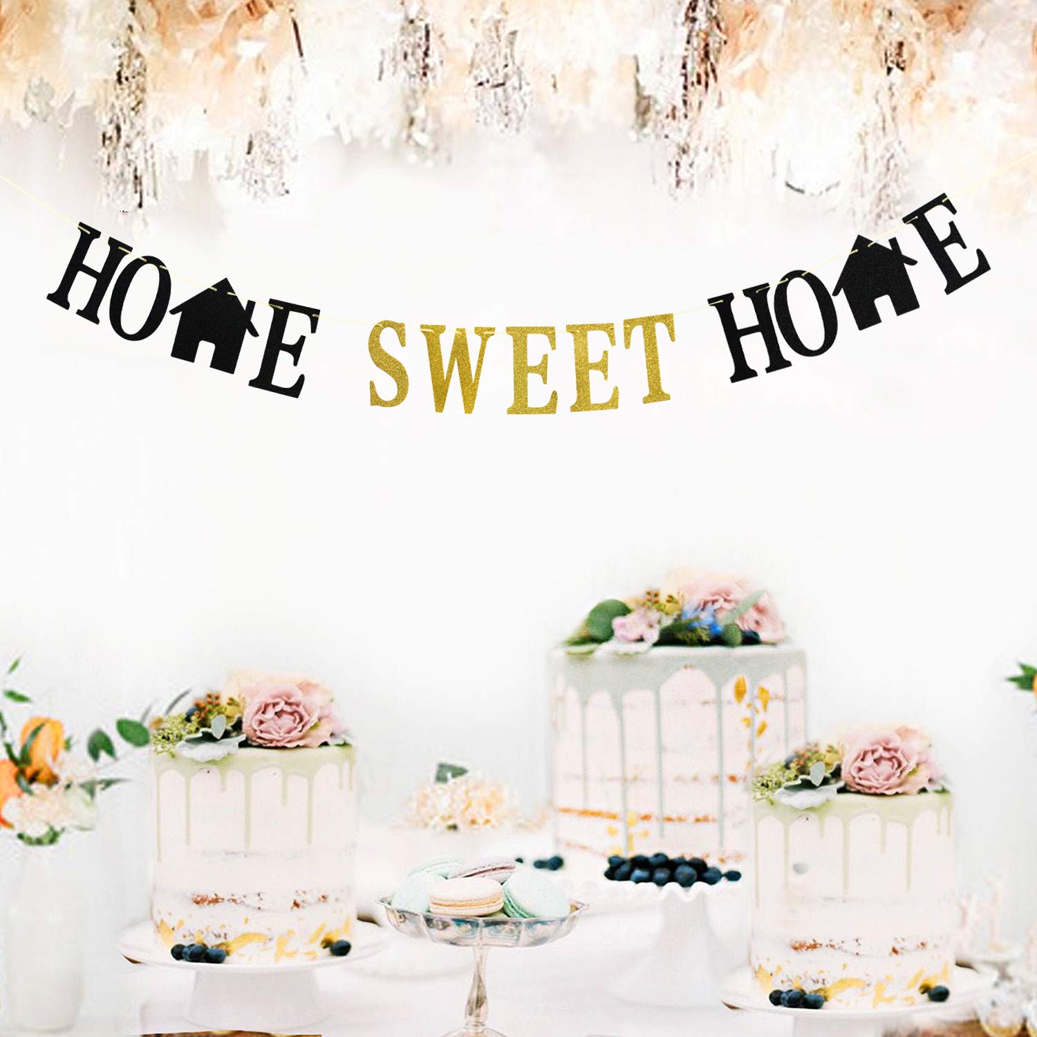 Welcome Home Banner - Gold & Black Glitter Housewarming Decor, Family Party Bunting Garland | Perfect for Front Door Decorations, New Home Gifts & Reunion Celebrations