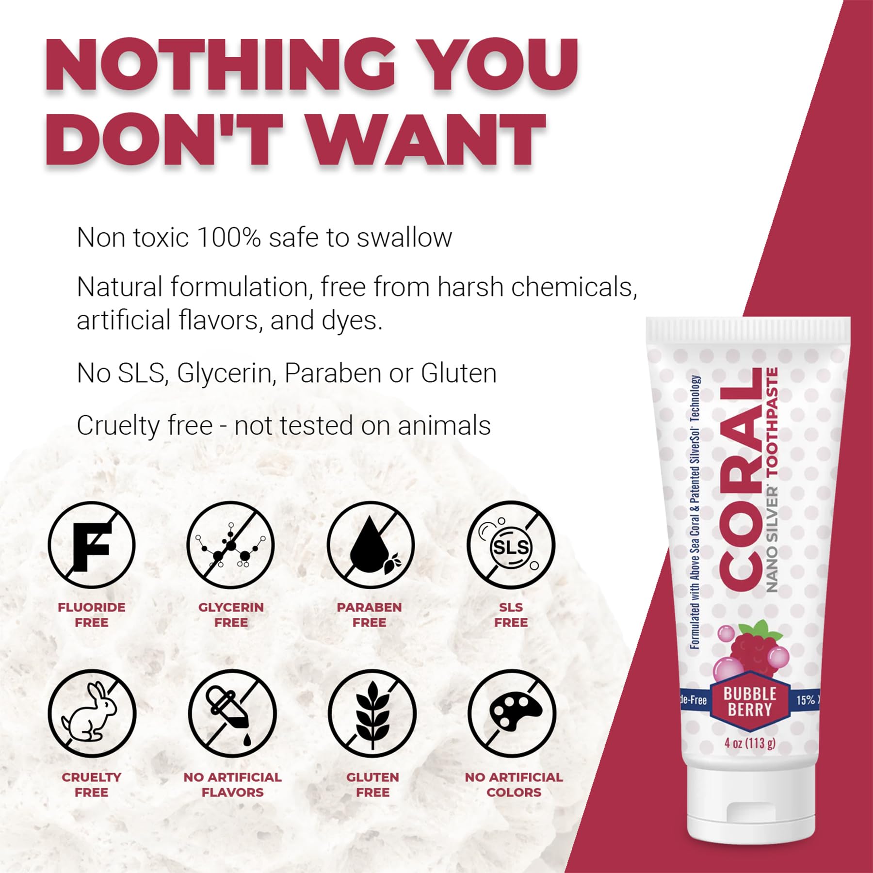 Coral Nano Silver Bubble Berry Kids Toothpaste - Natural Fluoride-Free Teeth Whitening for Children, Coral Calcium & Nano Silver Infused, SLS-Free (4 oz) - Safe & Gentle for Daily Oral Care, Perfect for Kids' Sensitive Teeth