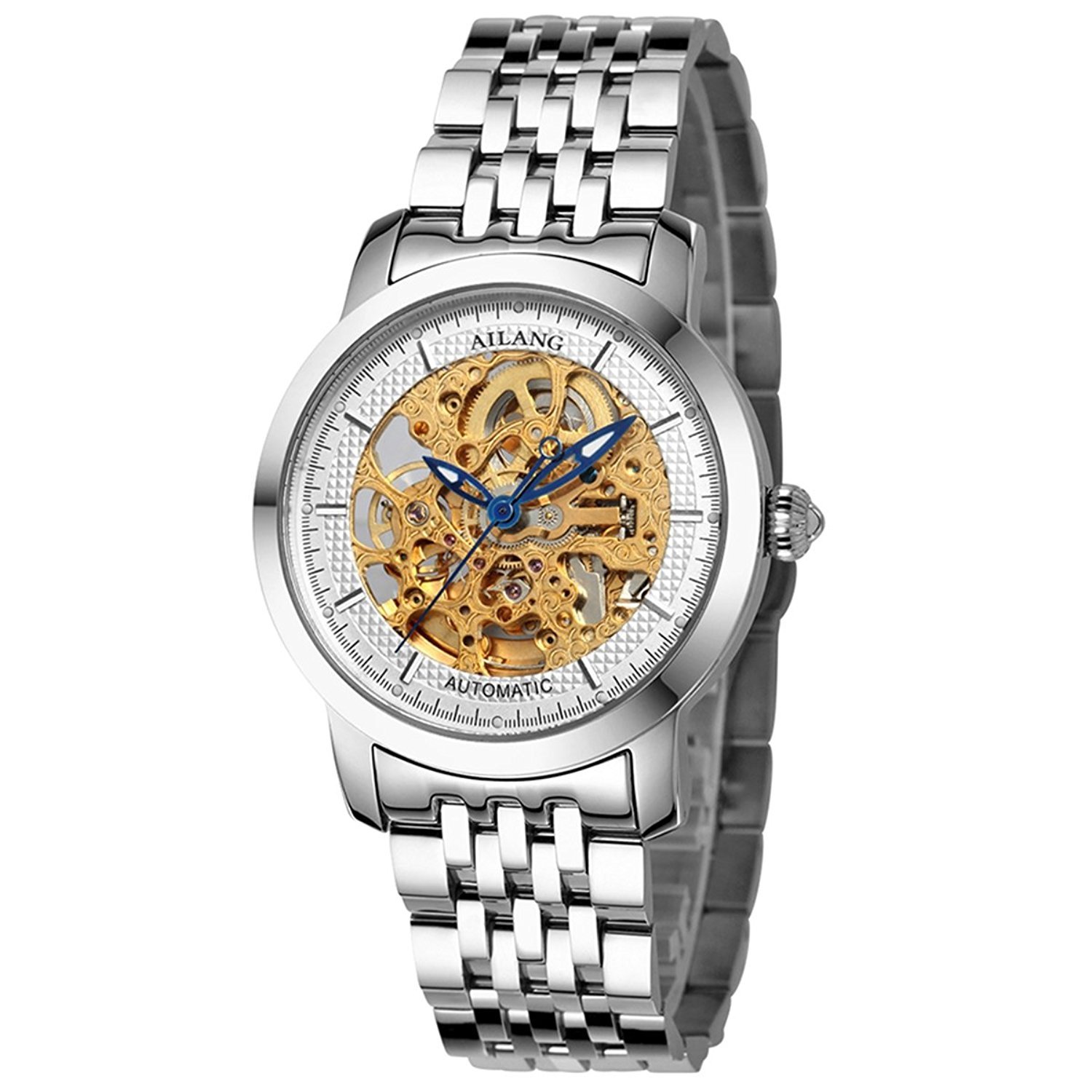 AILANG Men's Automatic Skeleton Watch - Gold Tone Dial & Silver Stainless Steel Strap - Luxury Mechanical Wristwatch for Business, Formal Events & Gift Giving