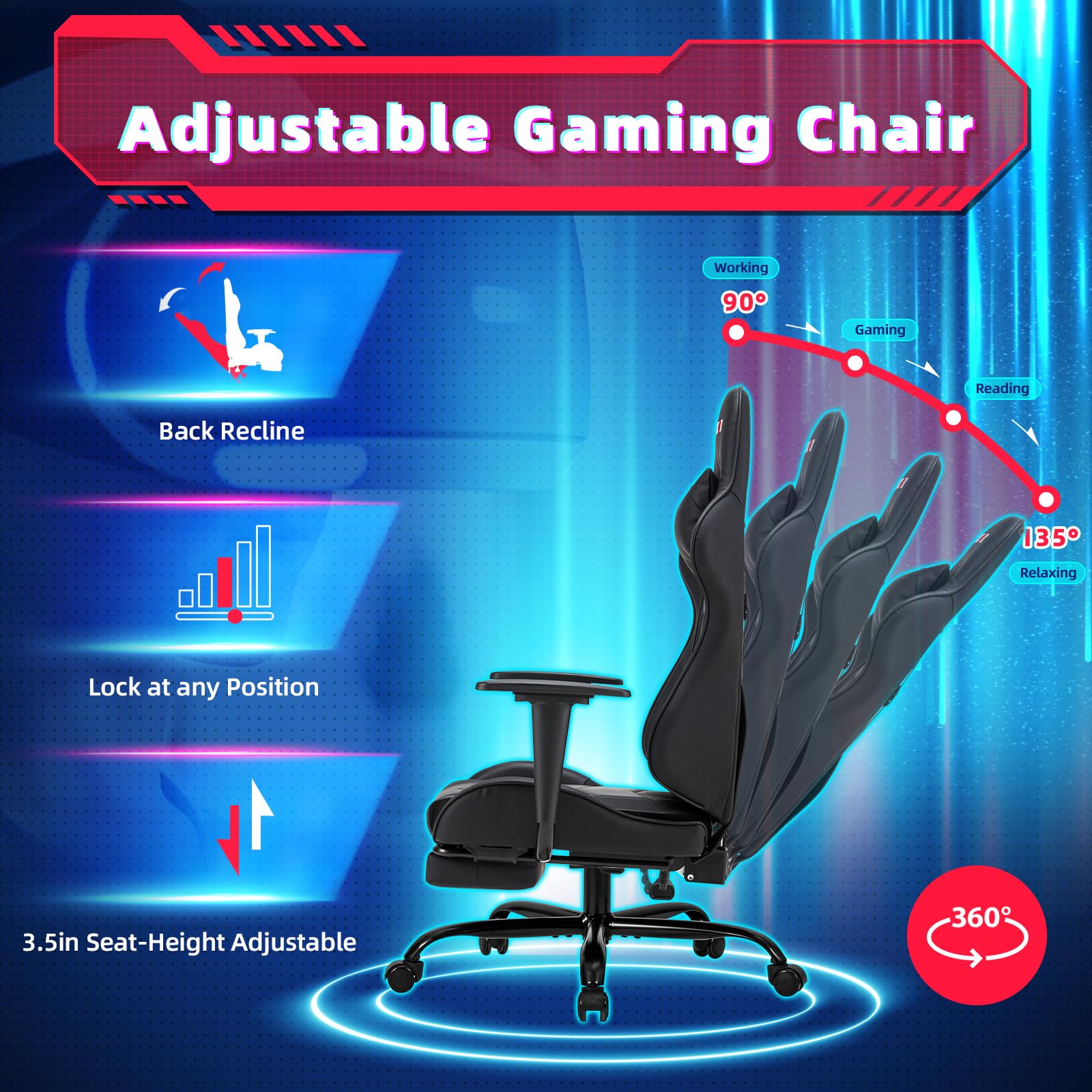 ECOTOUGE Ergonomic Gaming Chair with Footrest - PU Leather PC Massage Office Desk Chair, Recliner Swivel Rocker with Adjustable Headrest & Lumbar Support - Black - Perfect for Gaming, Working & Relaxing at Home