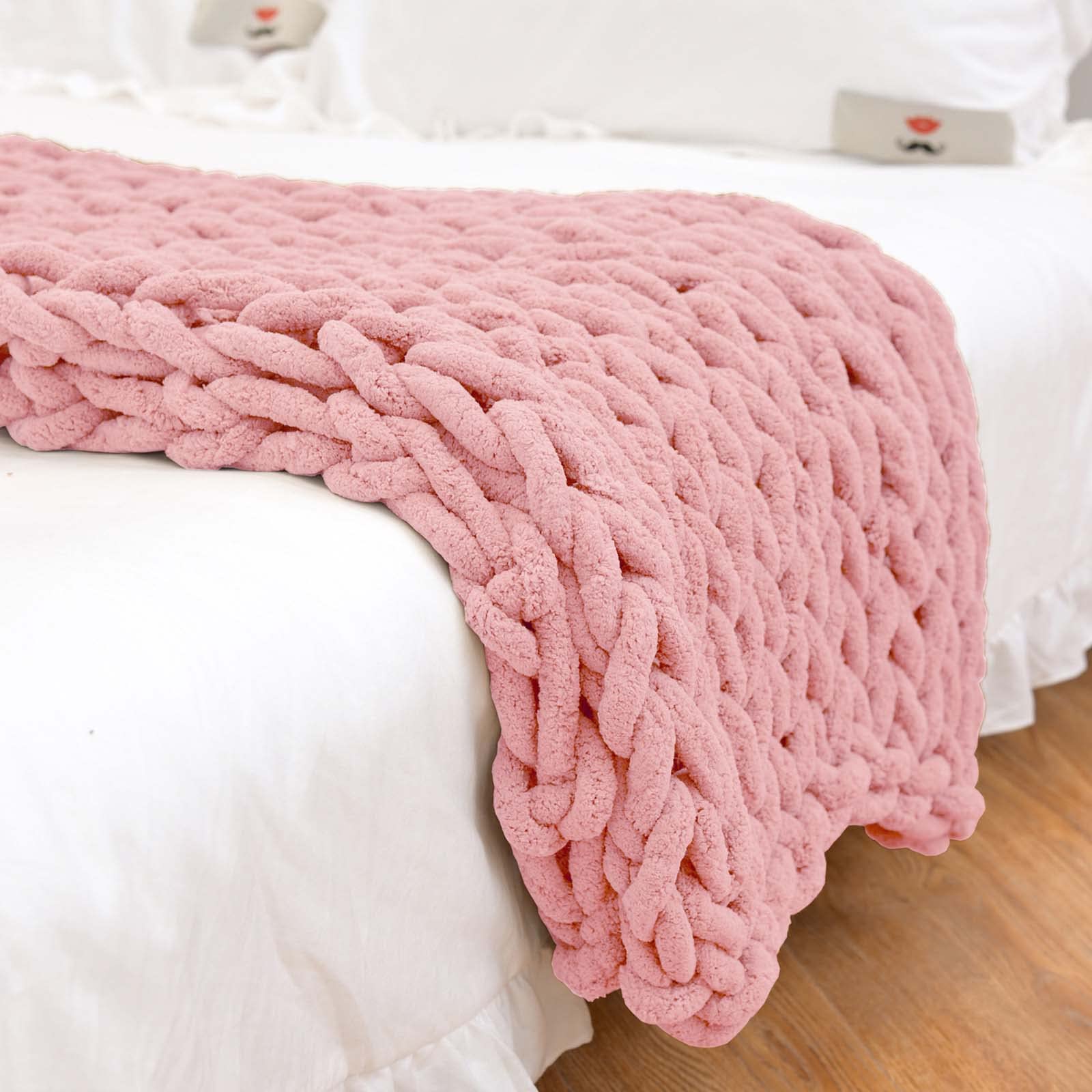 QDY - Chunky Knit Blanket Throw | Soft Chenille Yarn Knitted Blanket | Crochet & Cable Knit Throw | Weighted Blanket (180x200cm) | Machine Washable | Pink | Perfect for Living Room, Bedroom & Cozy Winter Nights
