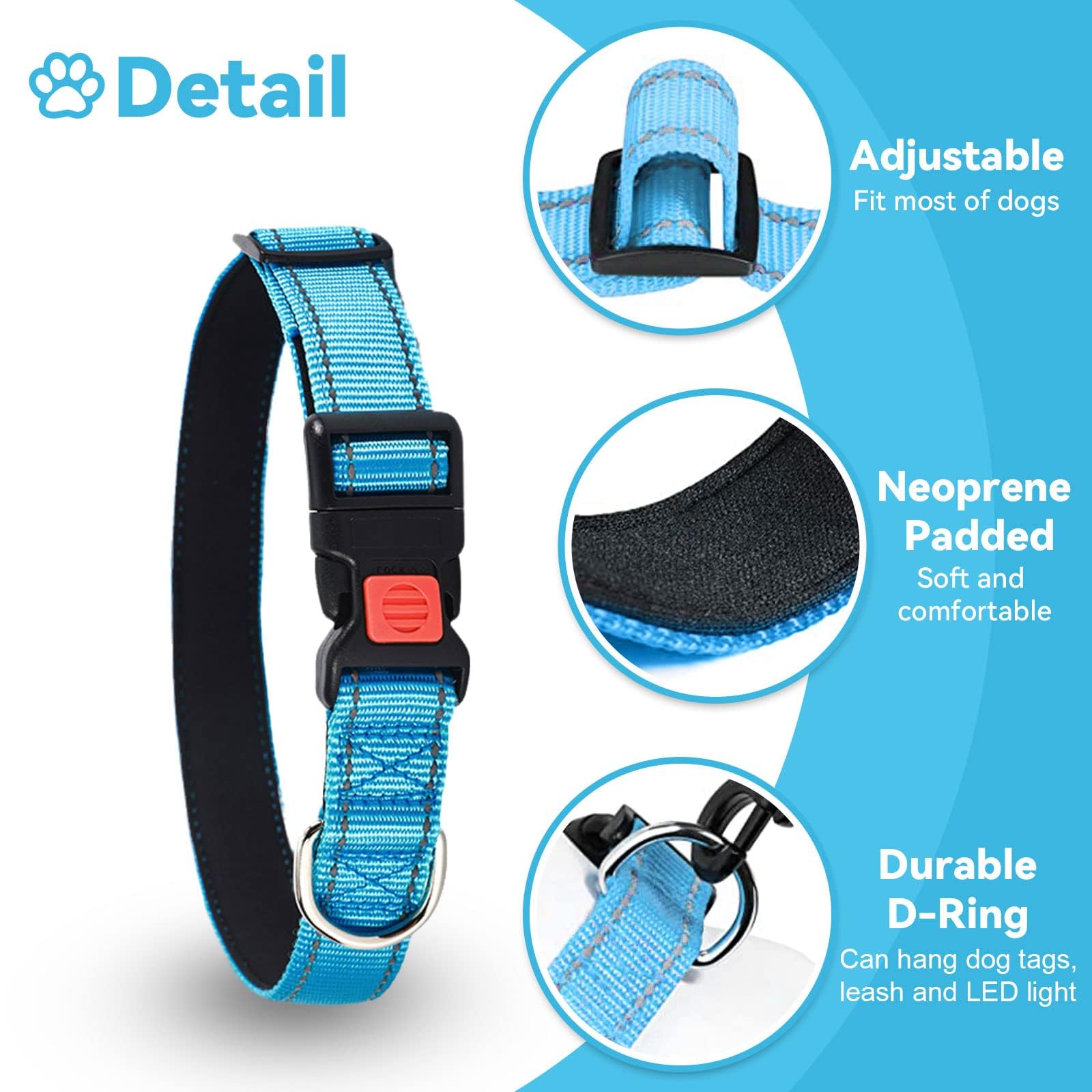 Reflective Adjustable Dog Collar with Quick Release Buckle - Ultra Soft Breathable Neoprene Pet Collar for Puppy, Small, Medium & Large Dogs - Perfect for Night Walks, Jogging & Outdoor Adventures