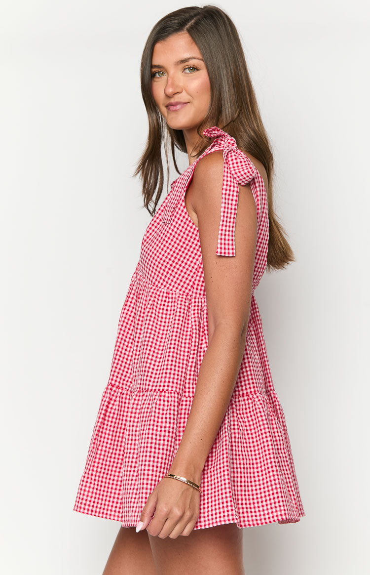 Angel Girl Red Gingham Mini Dress - Vintage Style Summer Dress for Women & Teens - Perfect for Picnics, Dates & Beach Vacations