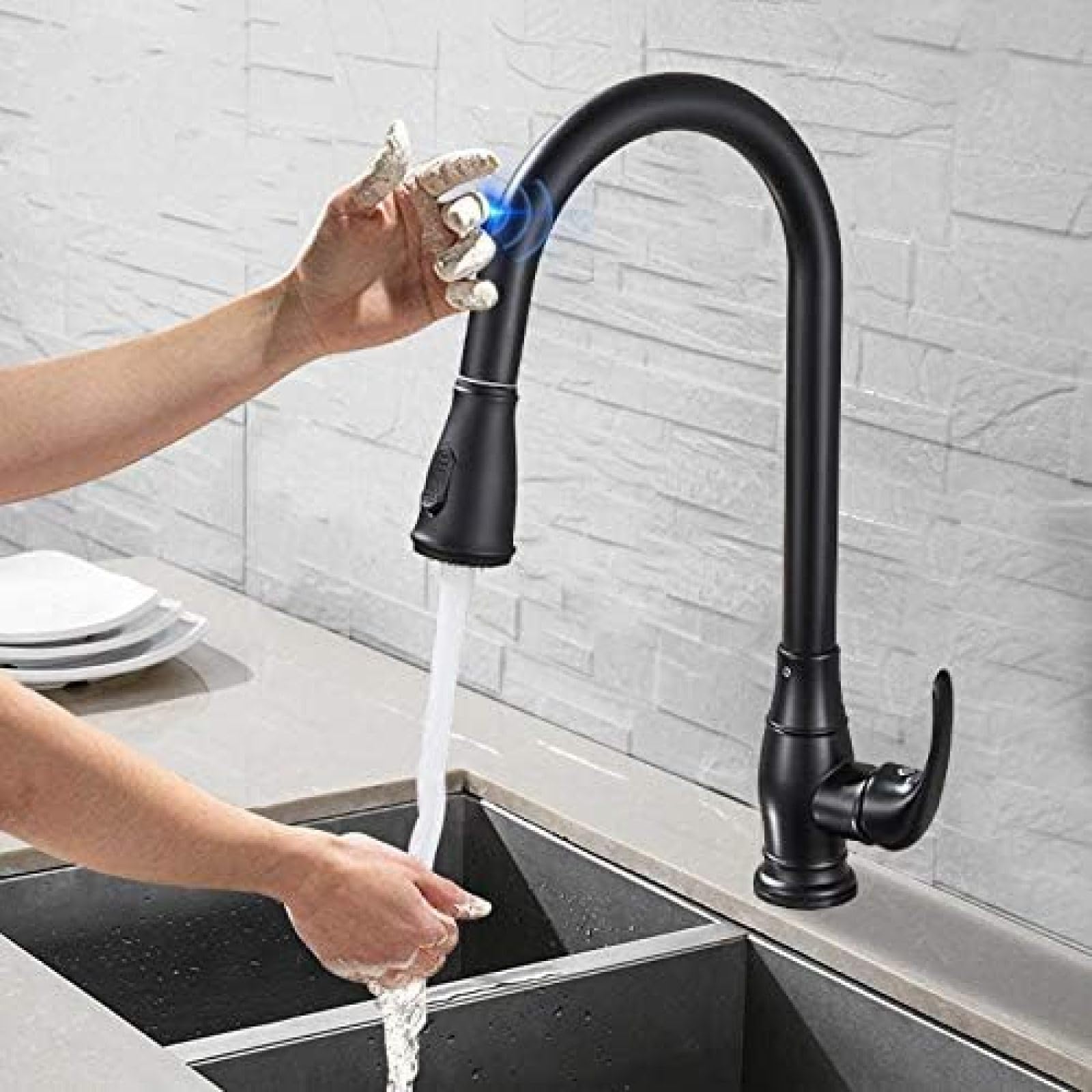 CRJUS Matte Black Pull Out Sensor Kitchen Faucet - Smart Touch Control, Sensitive Motion Detection, High Arc Spout - Perfect for Modern Kitchens, Easy Cleaning & Hands-Free Operation