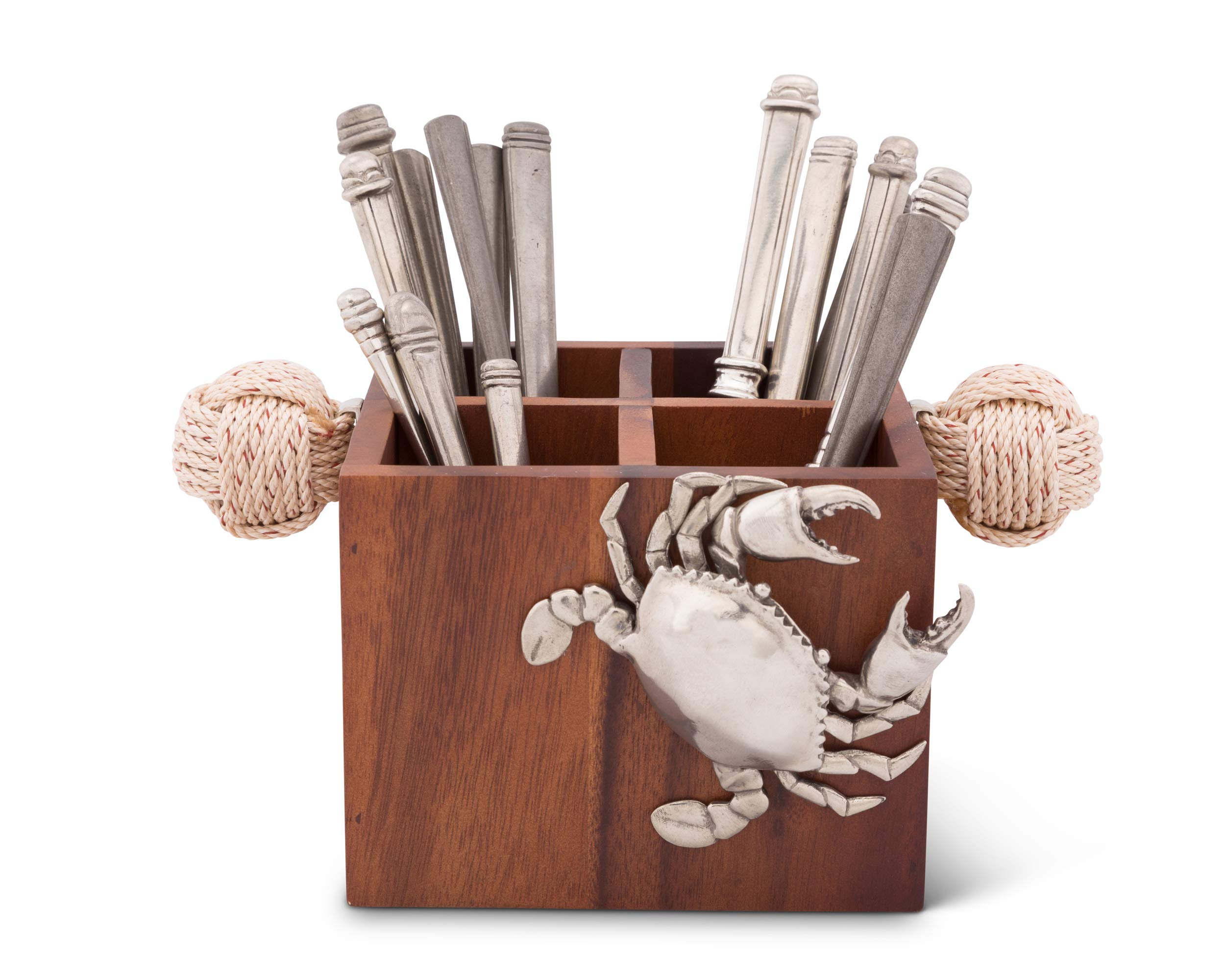 Vagabond House Caddy Square Acacia Wood Flatware Holder with Solid Pewter Crab Accent & Rope Handles - 4 Compartment Utensil Organizer (11