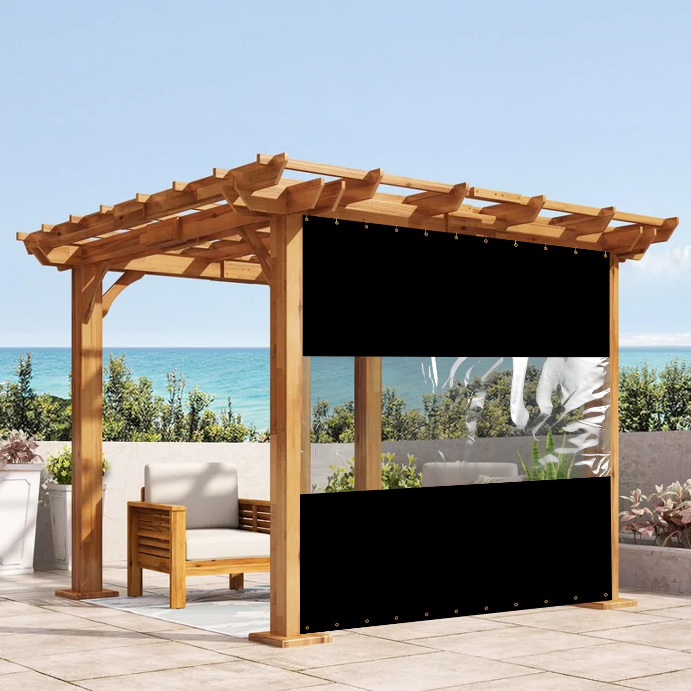 12 oz Vinyl Clear Outdoor Curtains for Patio - Waterproof & Weather Resistant with Brass Grommets - Perfect for Pergola, Porch, Gazebo, Balcony (7’H x 12’W, Black) - Ideal for Outdoor Dining, Poolside Privacy & Sun Protection
