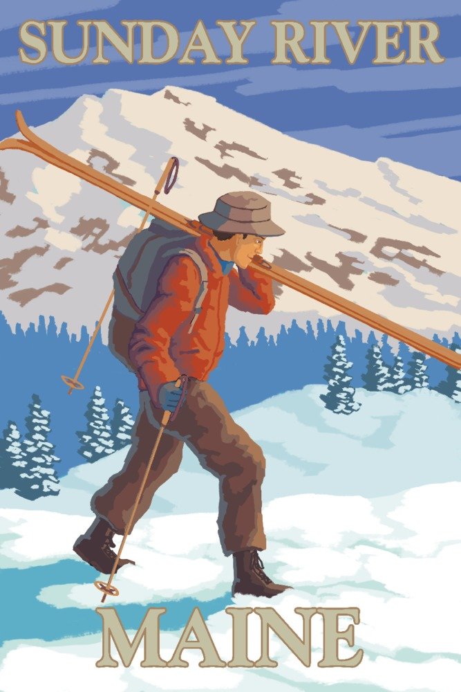 Sunday River Maine Skier Carrying Skis 76033 - Signed 24x36 Art Print Poster - Ski Resort Wall Decor for Home, Office & Cabin