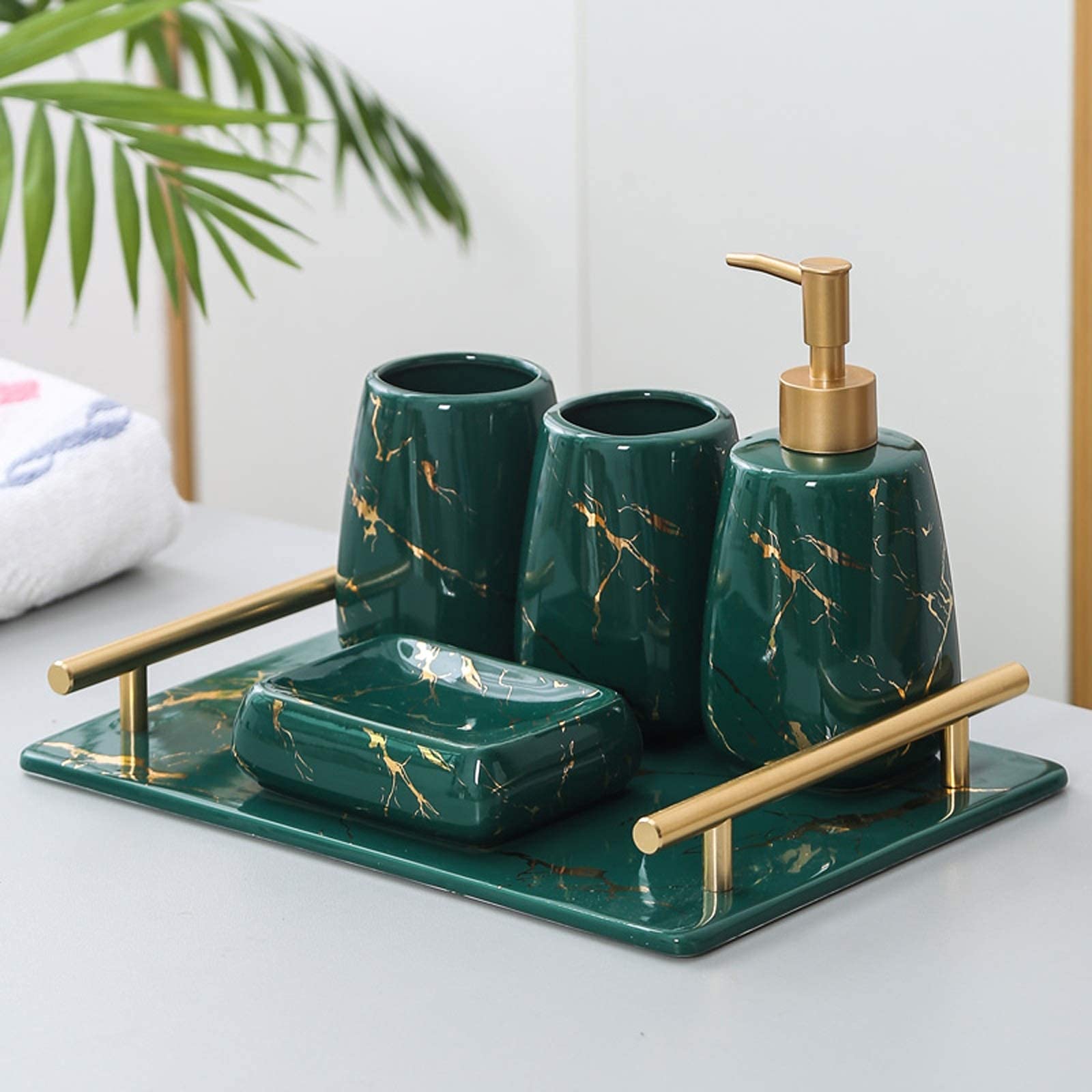 Saifei 4-Piece Ceramic Soap Dispenser Set - Refillable Modern Bathroom Liquid Soap Pump Bottles with Mouthwash Cup & Saucer - Perfect for Powder Rooms, Vanities & Countertop Organization