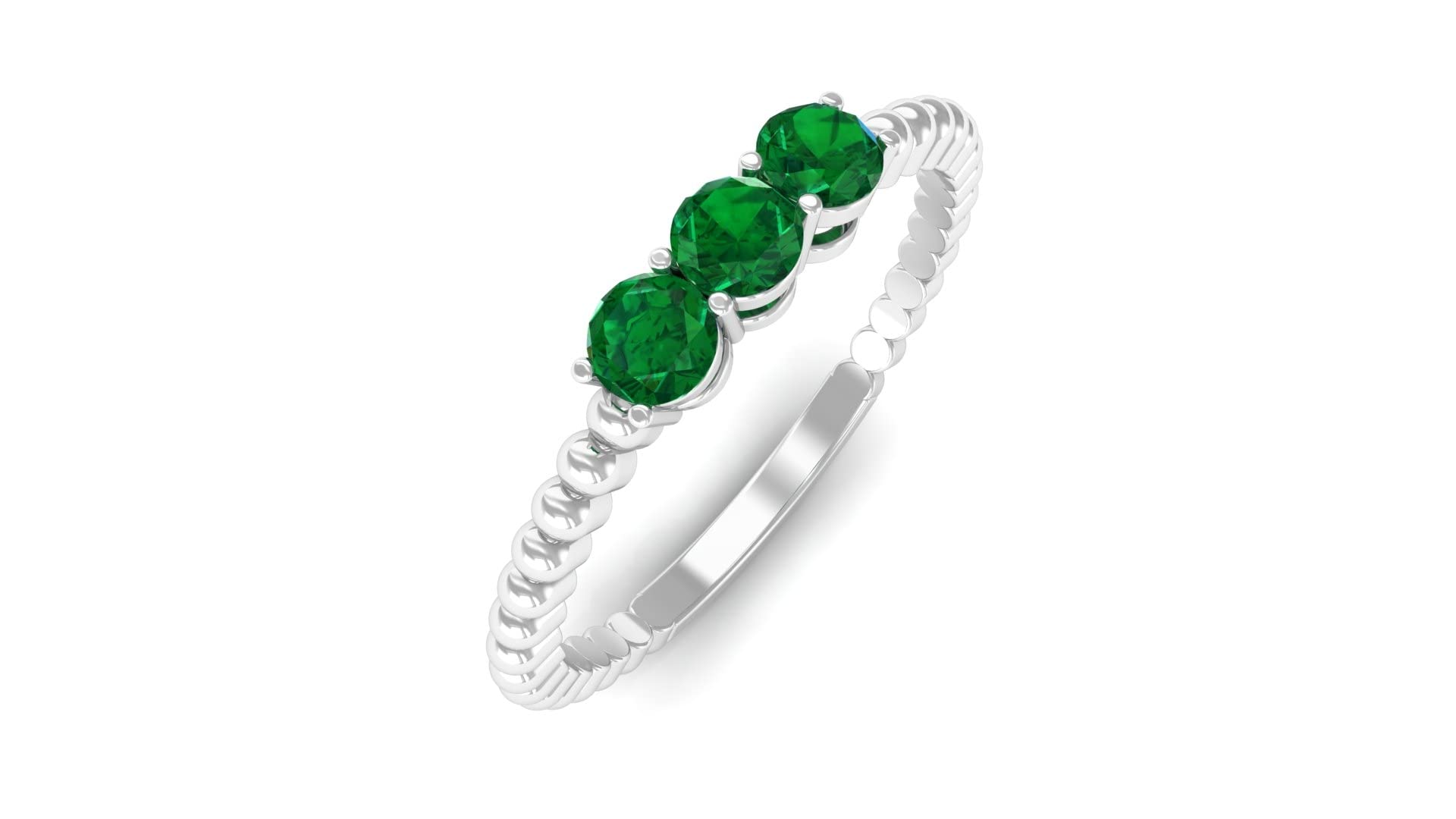 1/4 CT Emerald Three Stone Ring for Women - 14K Solid Gold Beaded May Birthstone Ring - Elegant Jewelry Gift for Anniversary, Engagement & Special Occasions